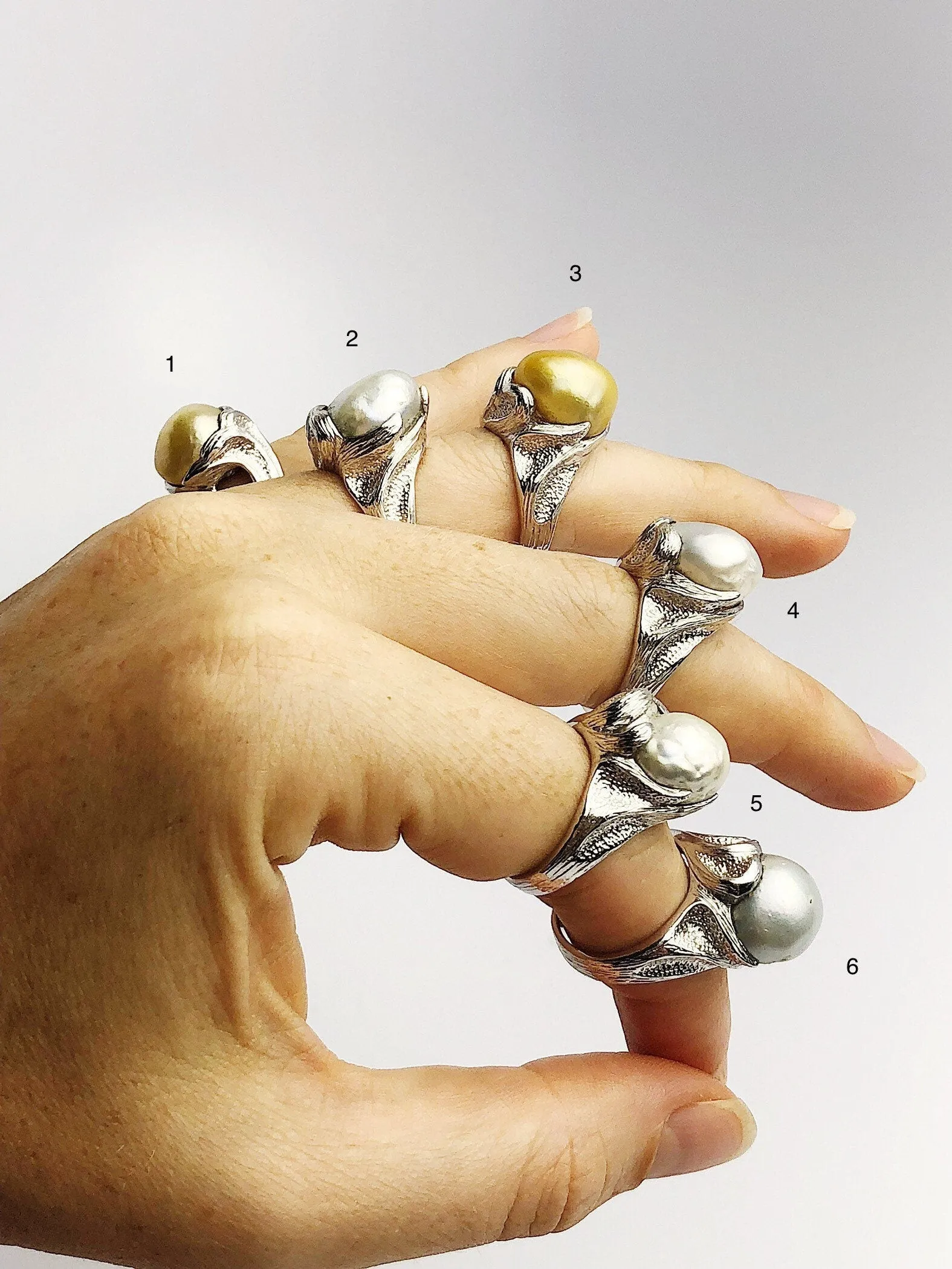 Handcarved Sterling Silver South Sea Pearl Rings - Natural Color - Southsea Pearls - Statement Ring (432 No. 1-6)