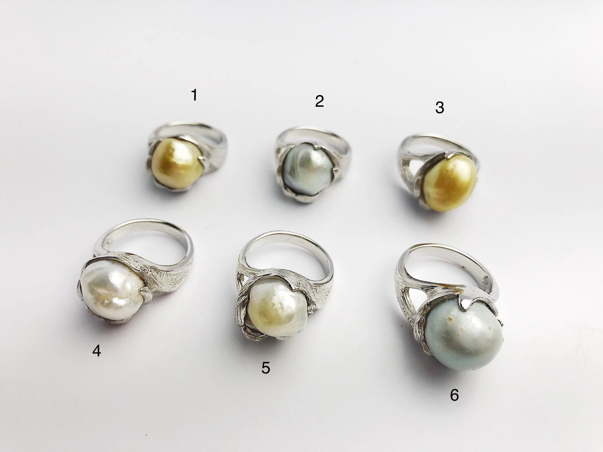 Handcarved Sterling Silver South Sea Pearl Rings - Natural Color - Southsea Pearls - Statement Ring (432 No. 1-6)