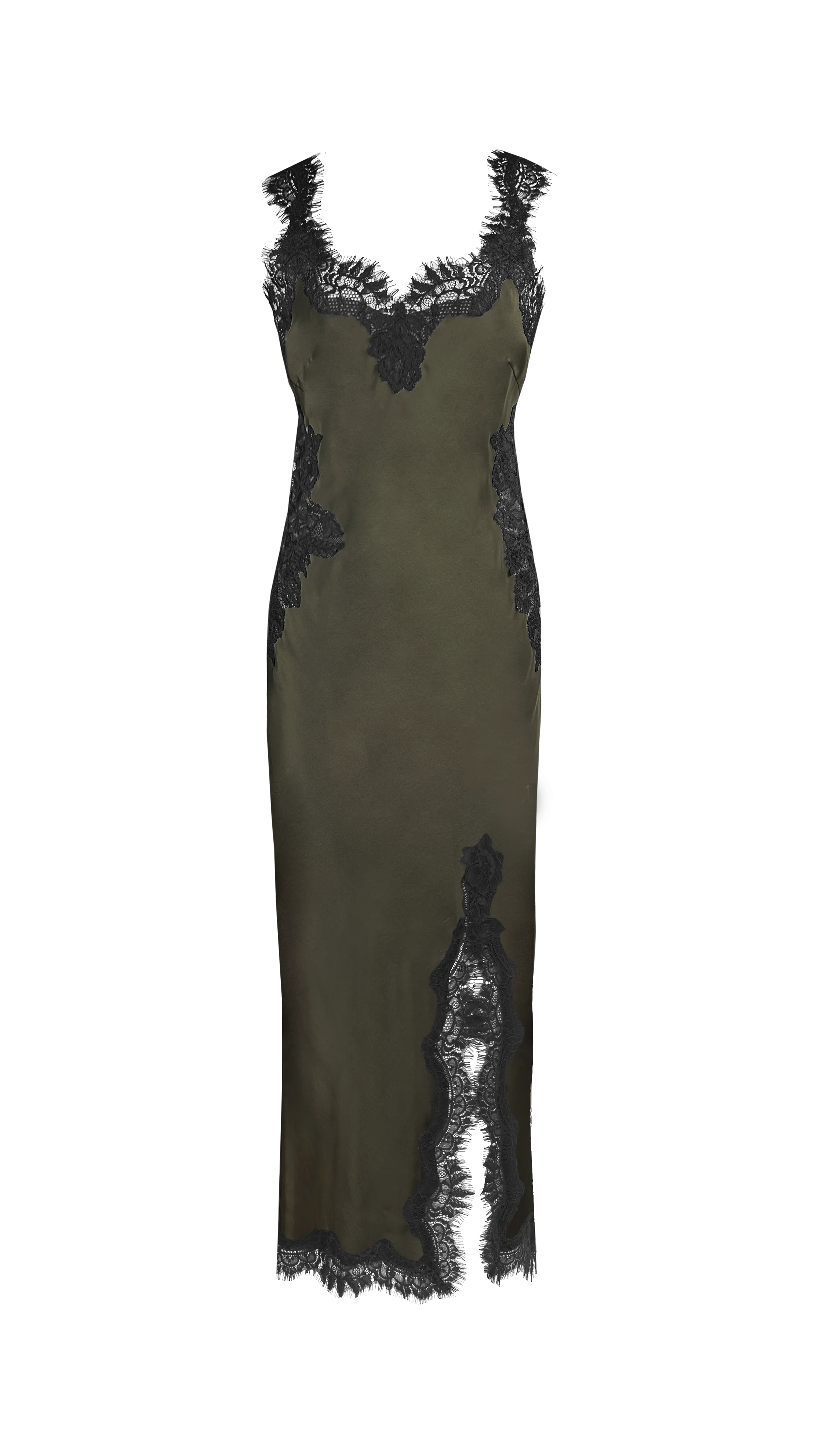 Harper Strap Long Bias Dress - Moss Green/Black Lace