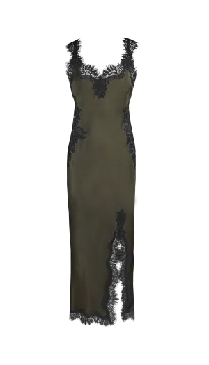 Harper Strap Long Bias Dress - Moss Green/Black Lace