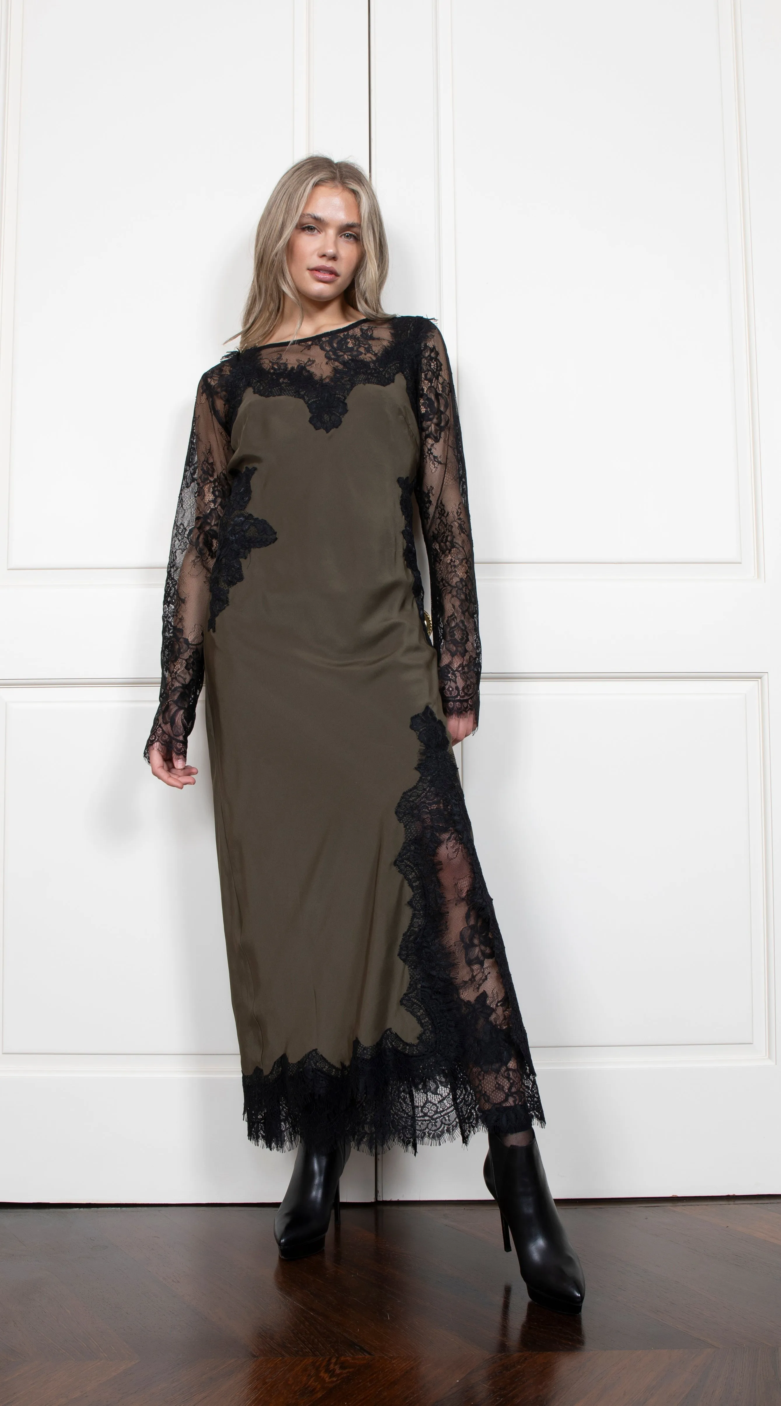 Harper Strap Long Bias Dress - Moss Green/Black Lace