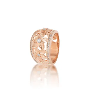 Hawaiian Heirloom Plumeria Ring in Rose Gold with Diamonds -13mm