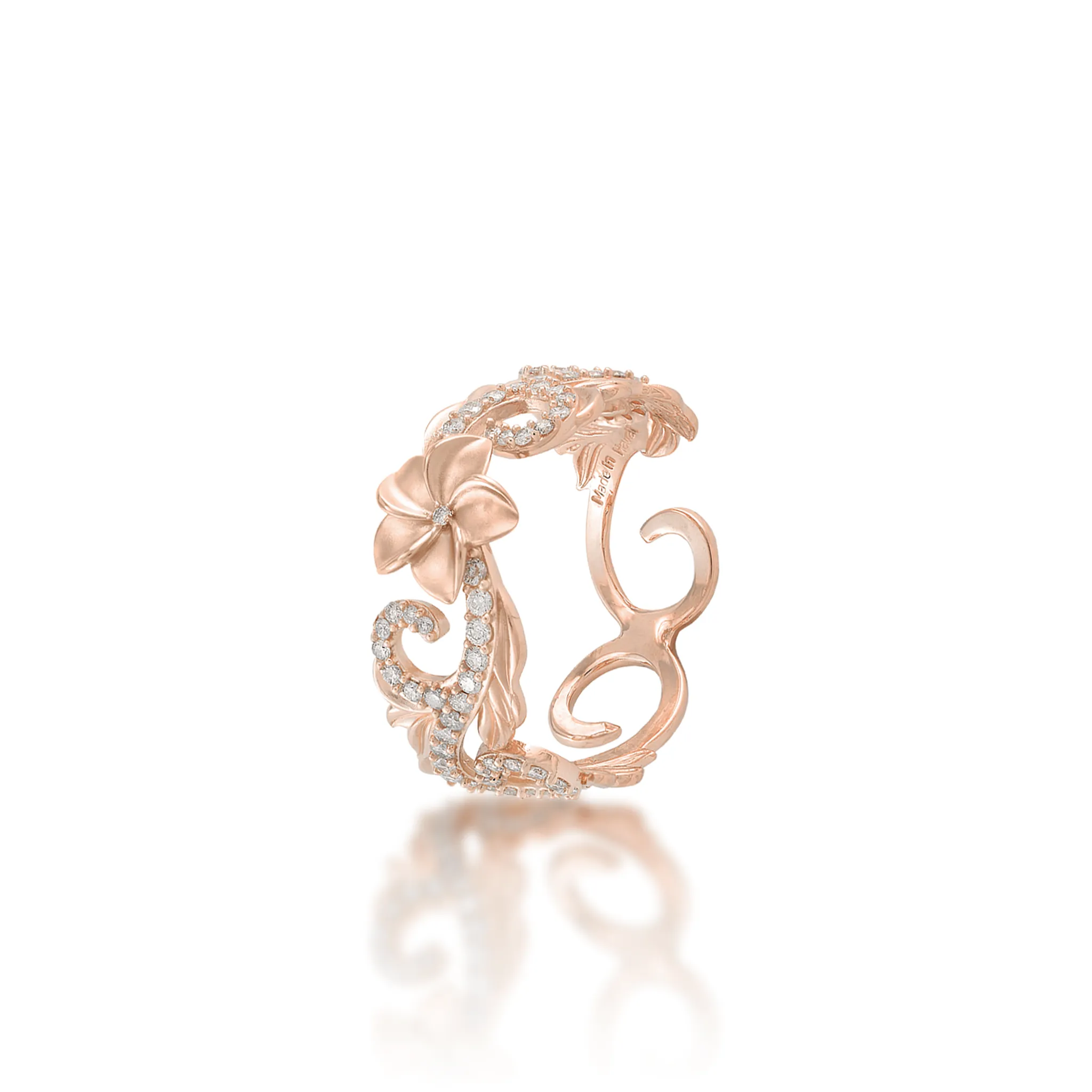 Hawaiian Heirloom Plumeria Ring in Rose Gold with Diamonds - 8mm