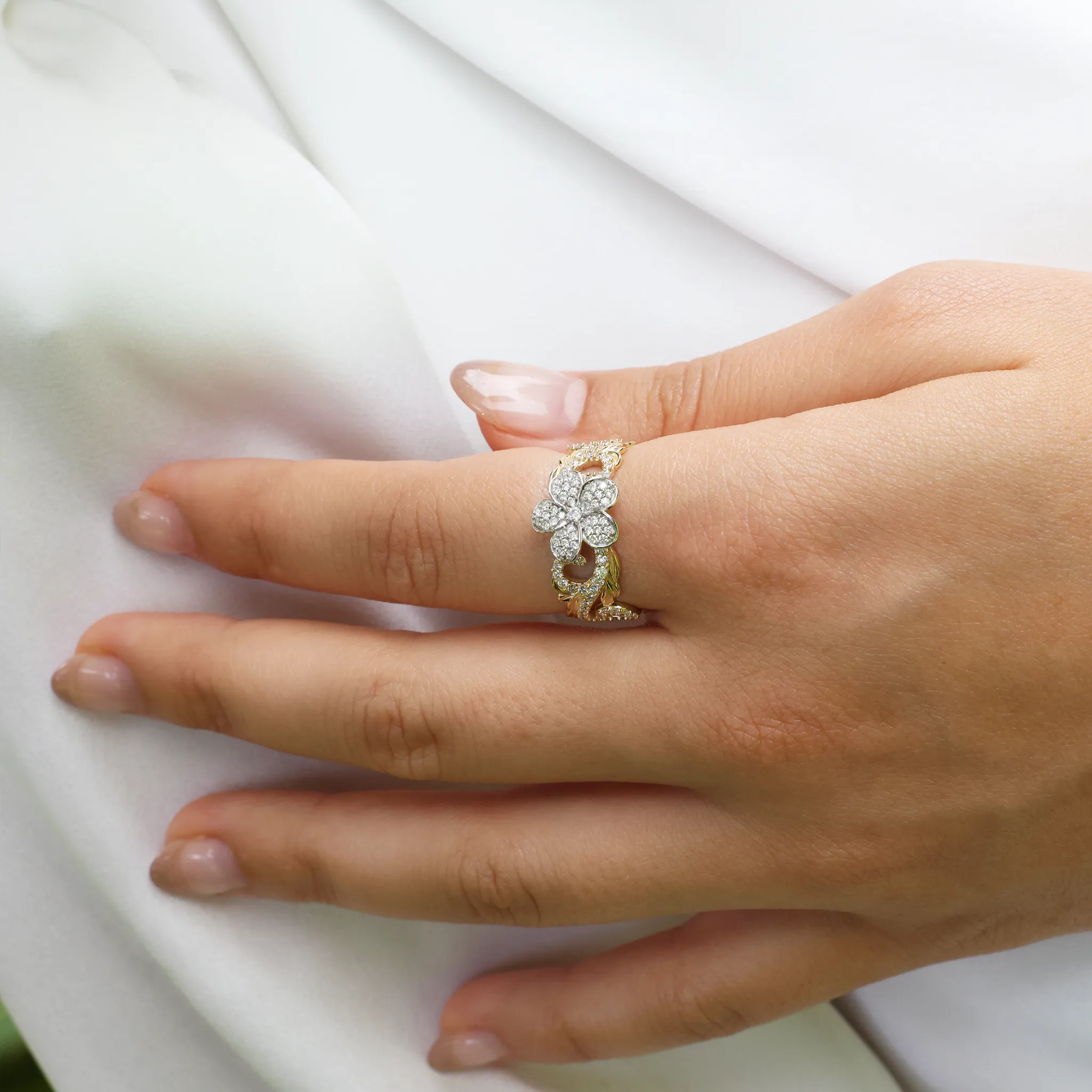 Hawaiian Heirloom Plumeria Ring in Two Tone Gold with Diamonds - 10mm