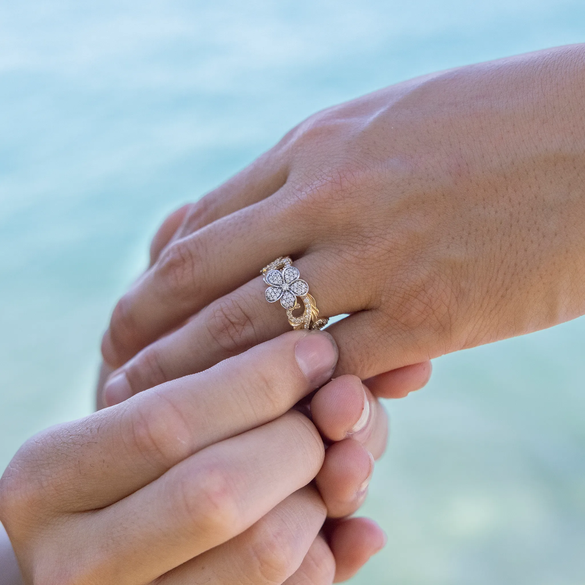 Hawaiian Heirloom Plumeria Ring in Two Tone Gold with Diamonds - 10mm