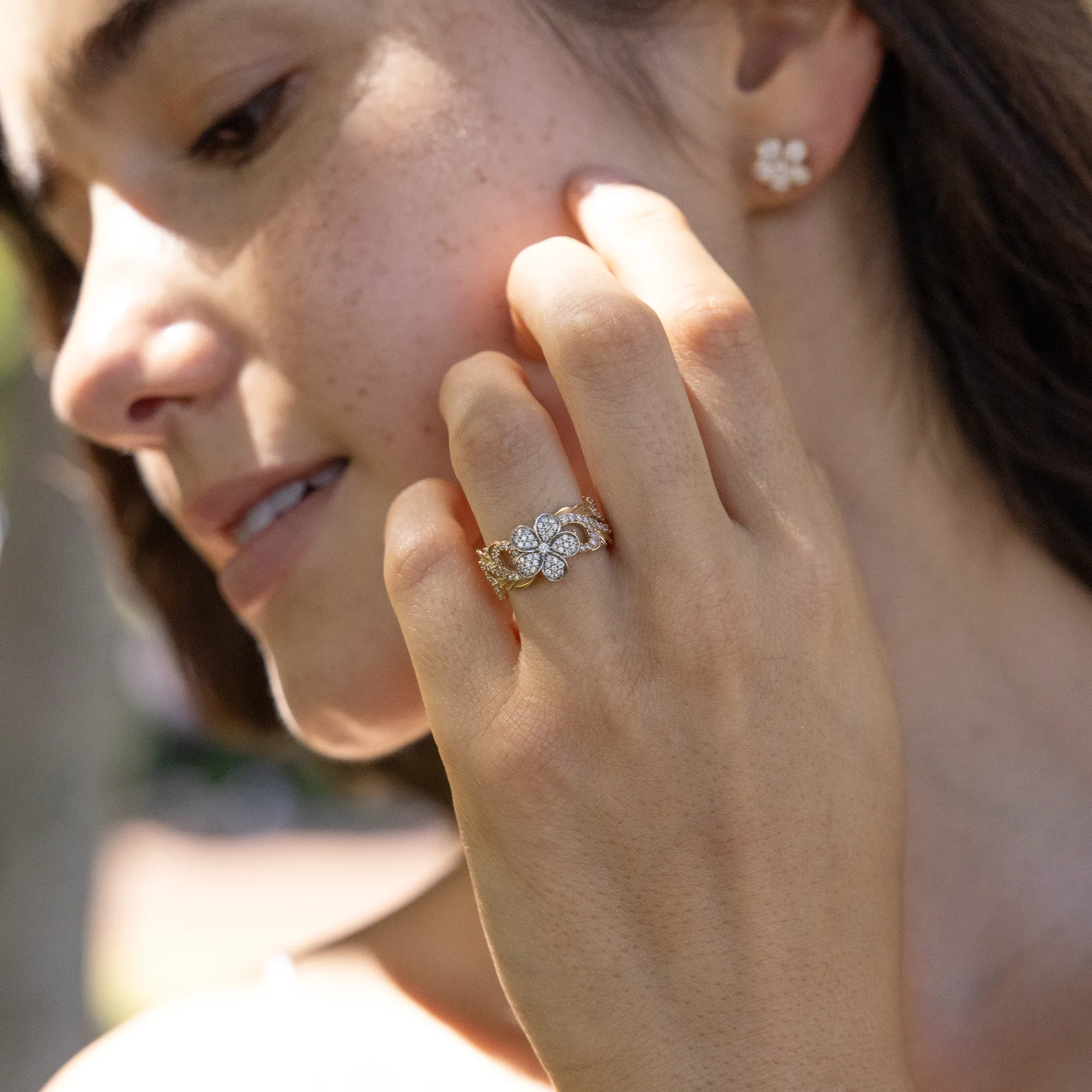 Hawaiian Heirloom Plumeria Ring in Two Tone Gold with Diamonds - 10mm