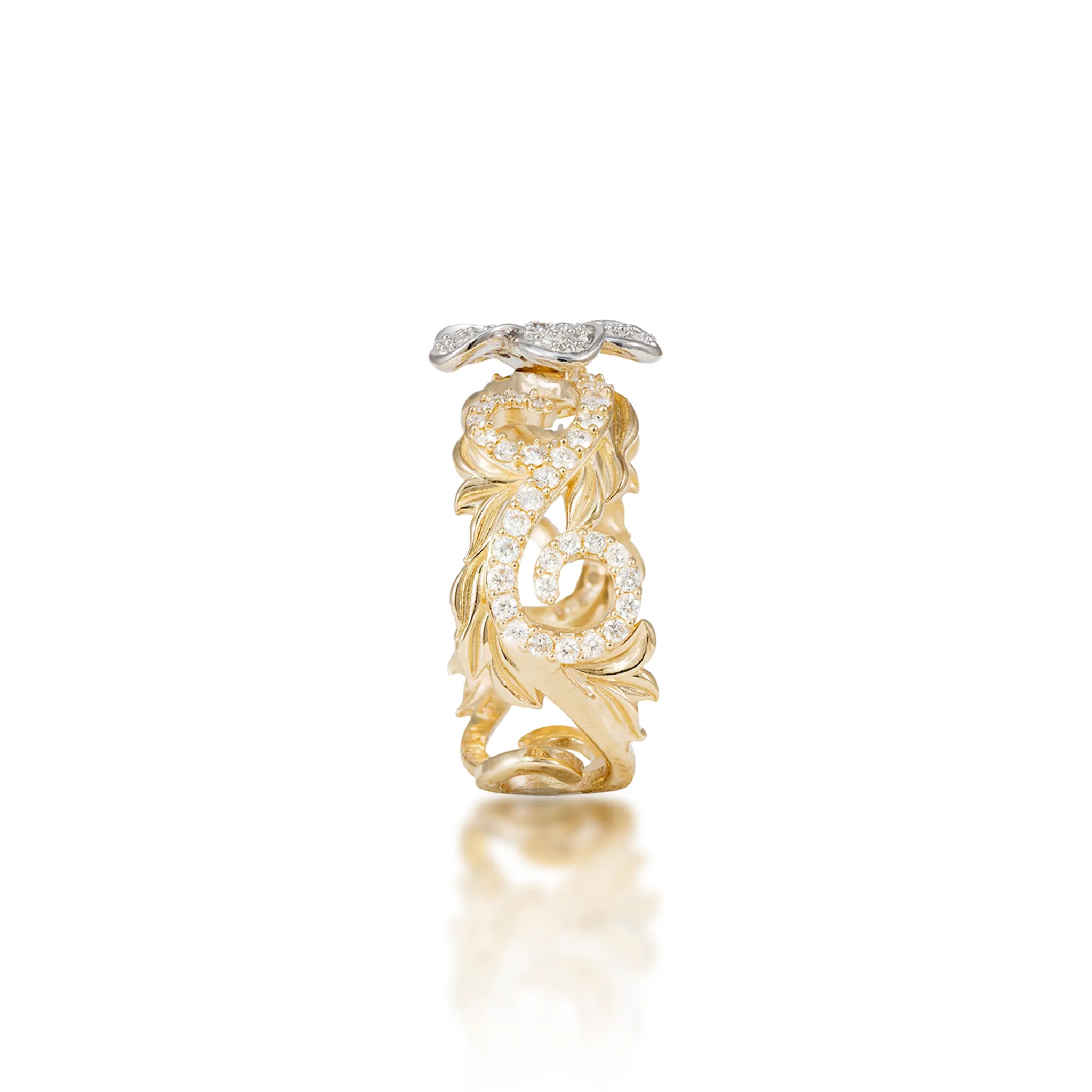 Hawaiian Heirloom Plumeria Ring in Two Tone Gold with Diamonds - 10mm