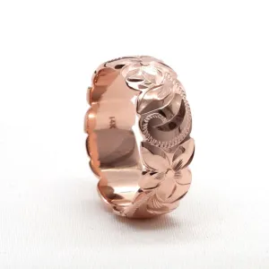 Hawaiian Rose Gold Ring For Women, Hand Engraved Design (8mm Width, Dome Style)