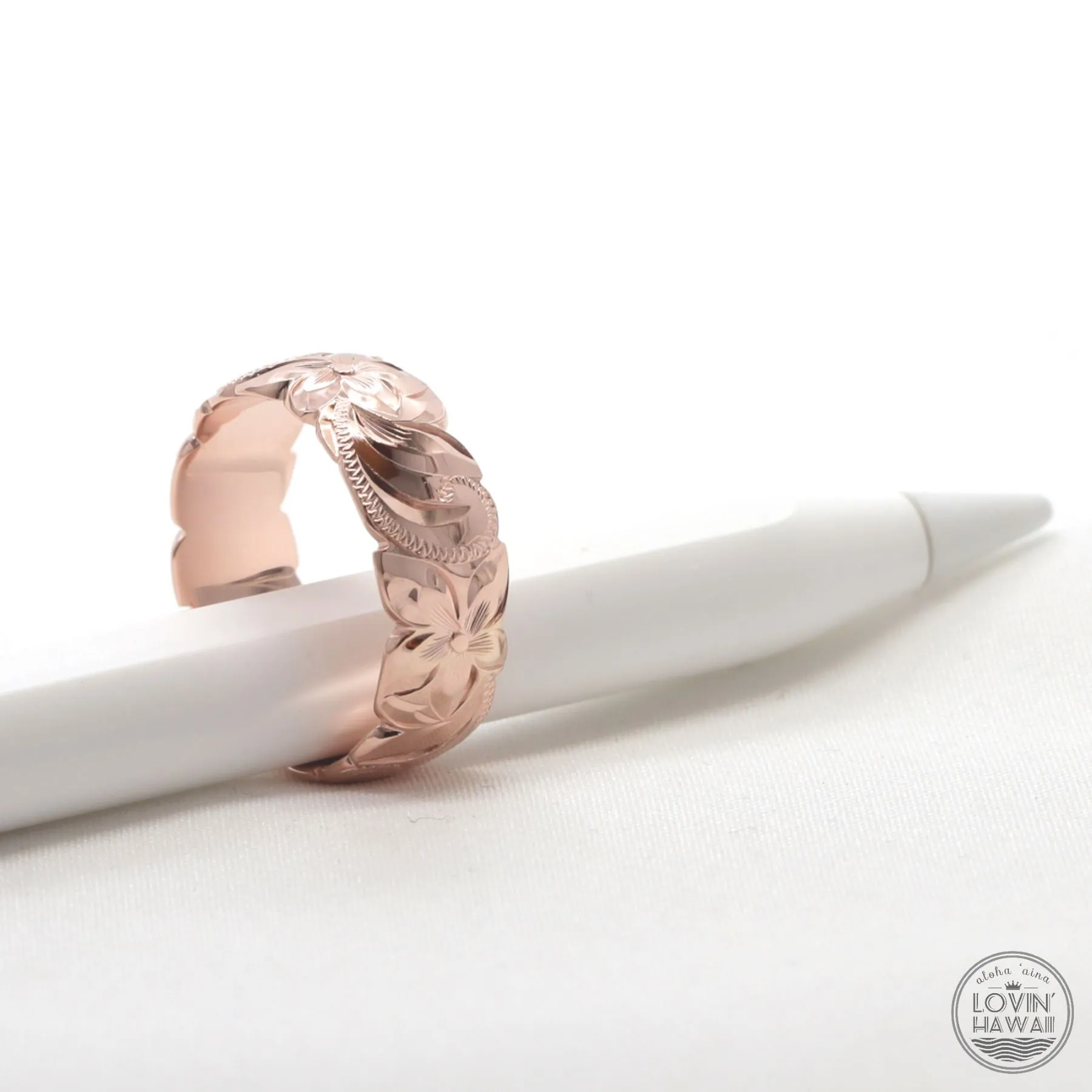 Hawaiian Rose Gold Ring For Women, Hand Engraved Design (8mm Width, Dome Style)