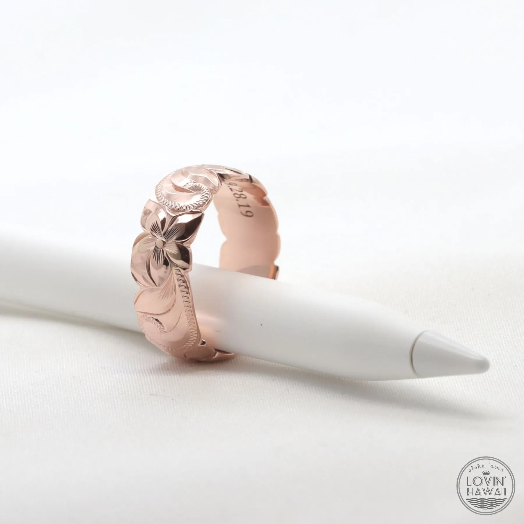 Hawaiian Rose Gold Ring For Women, Hand Engraved Design (8mm Width, Dome Style)