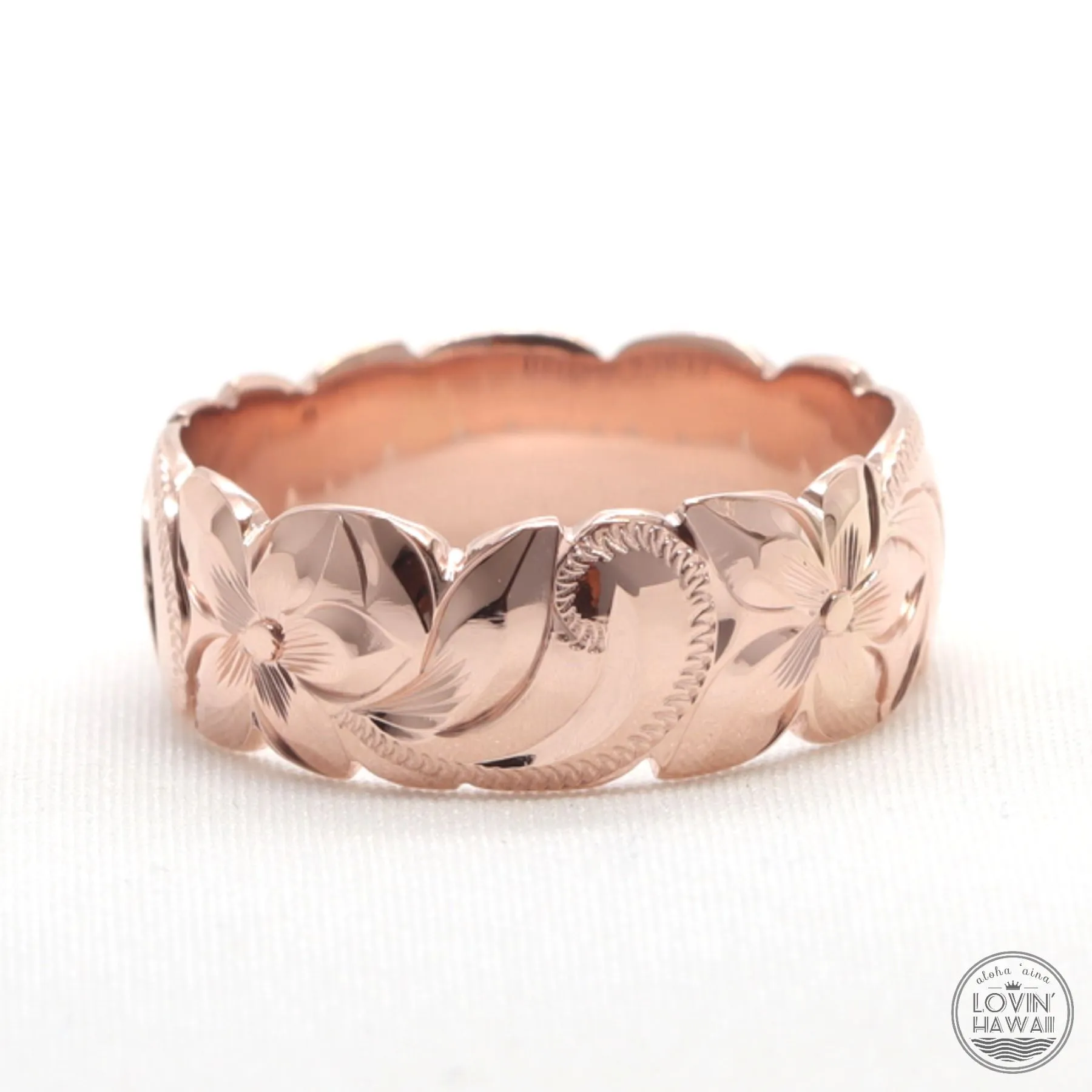 Hawaiian Rose Gold Ring For Women, Hand Engraved Design (8mm Width, Dome Style)