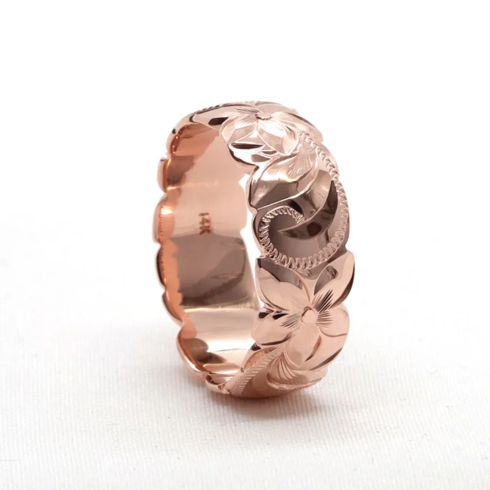 Hawaiian Rose Gold Ring For Women, Hand Engraved Design (8mm Width, Dome Style)