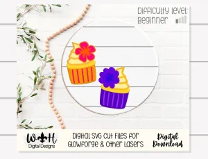 Hibiscus and Passionfruit Cupcakes Shelf Sitter Sign - Round Sign Making and DIY Kits - Cut File For Glowforge Lasers - Digital SVG File