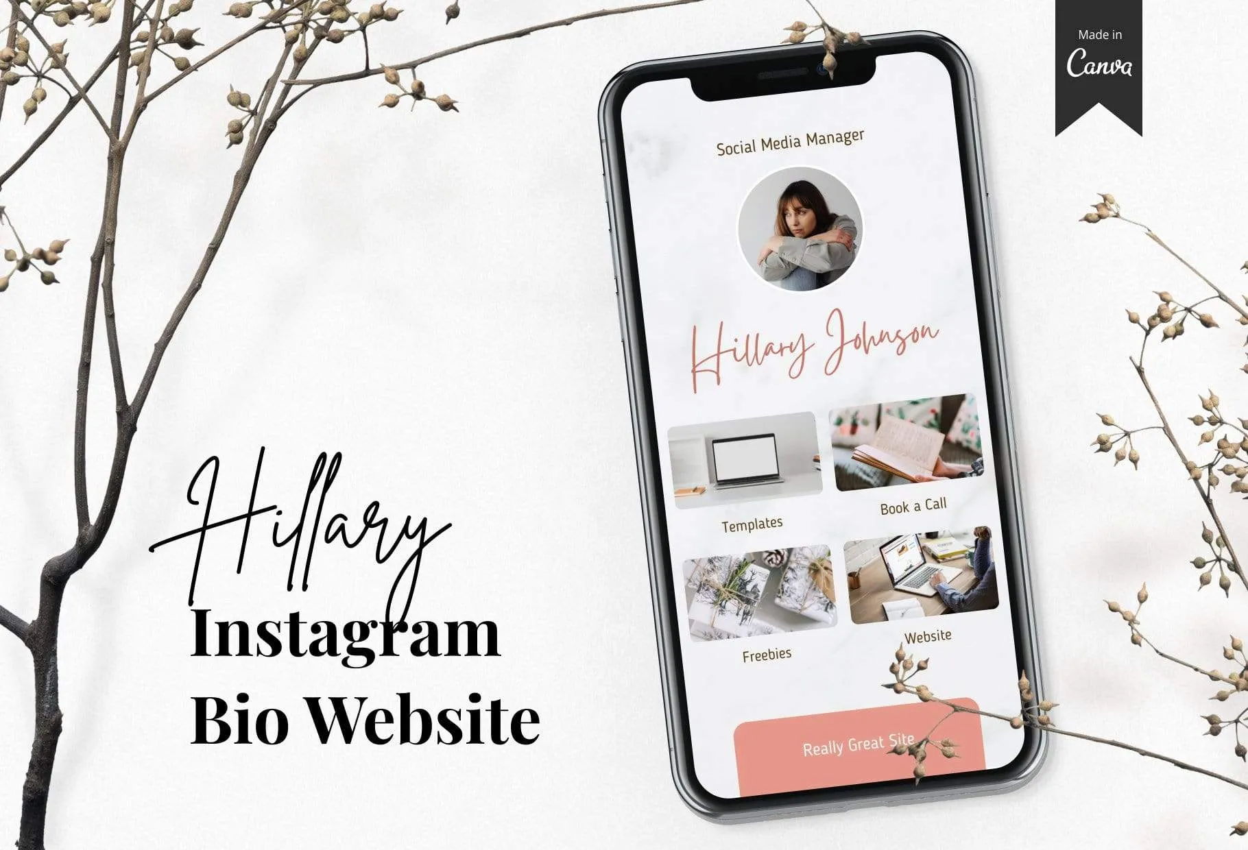 Hillary Instagram Link in Bio Canva Landing Page Website