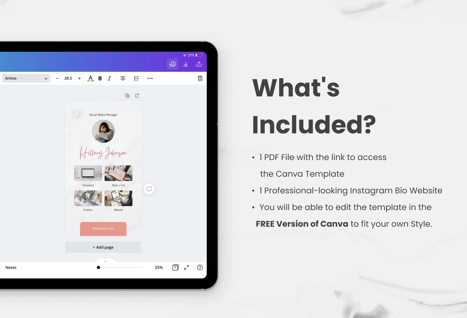 Hillary Instagram Link in Bio Canva Landing Page Website