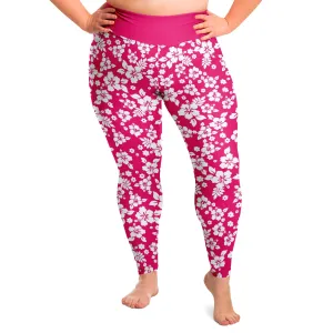 Hot Pink and White Hibiscus Hawaiian Flower Pattern Plus Size Leggings 2X-6X Squatproof