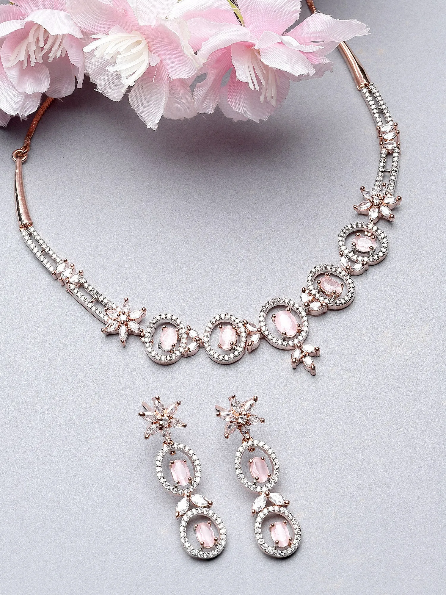 Karatcart Rose Gold Plated Pink CZ Studded Necklace Set
