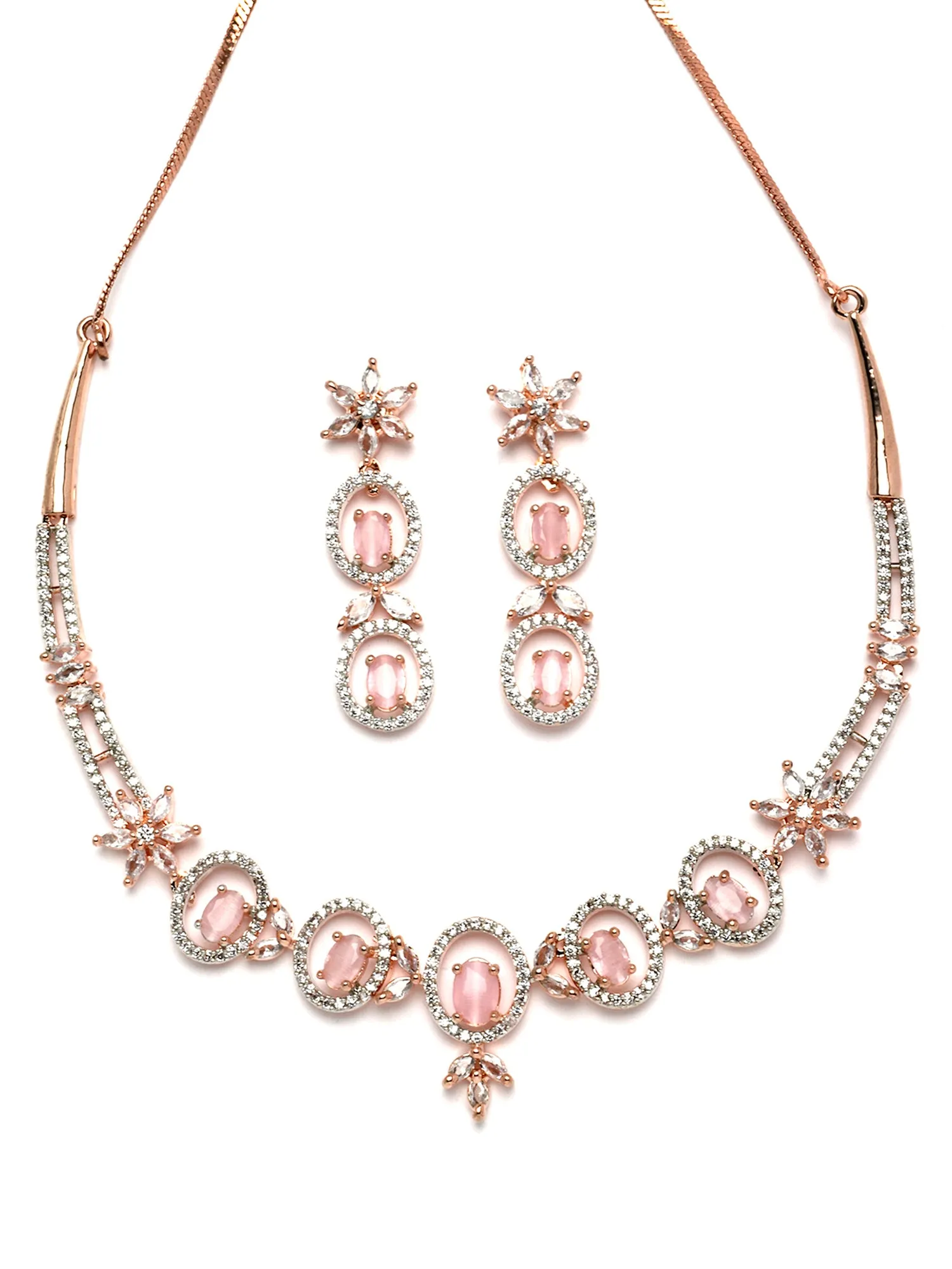 Karatcart Rose Gold Plated Pink CZ Studded Necklace Set