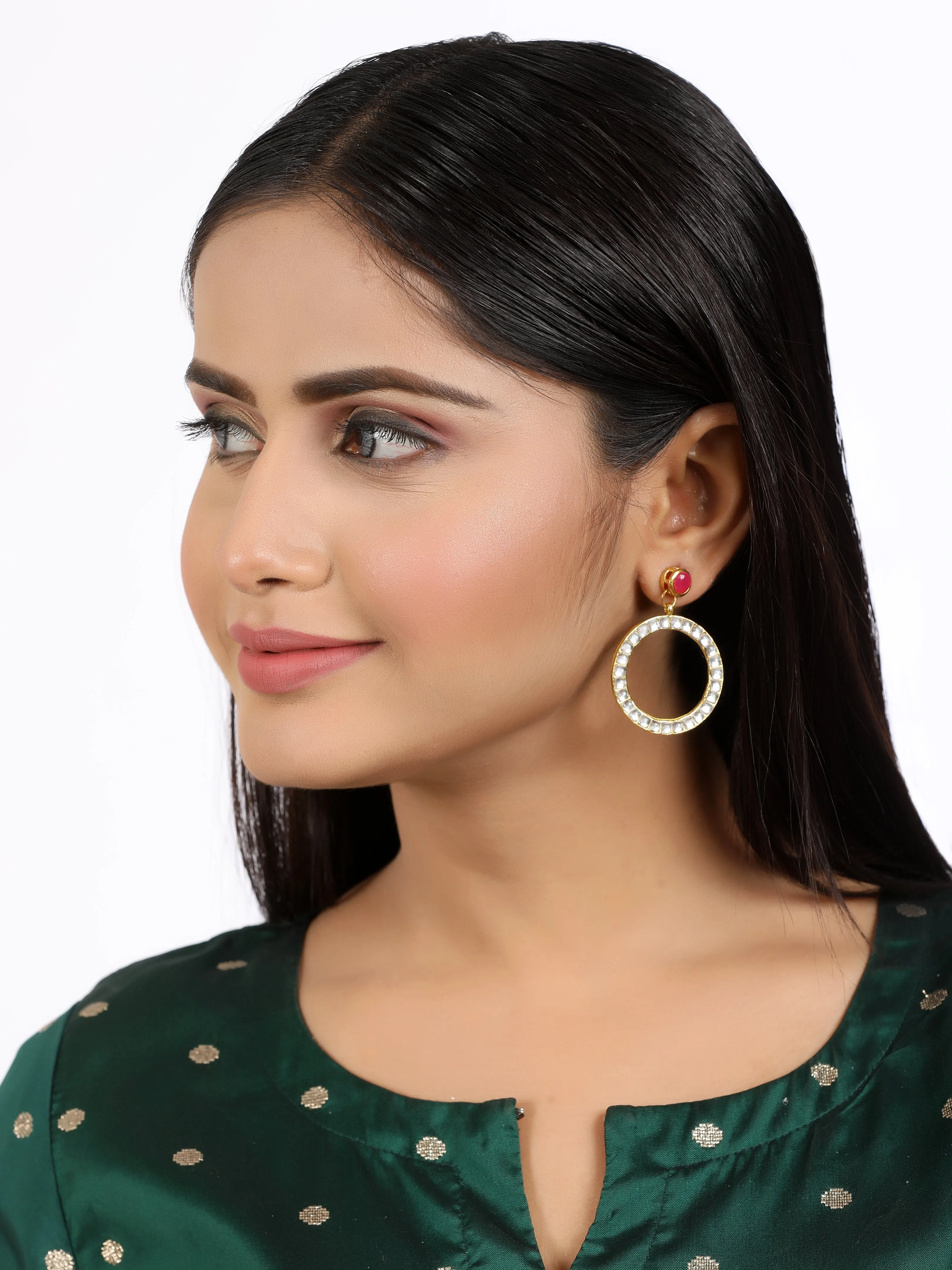 Kundan Hoop Earrings with Fuchsia Stone