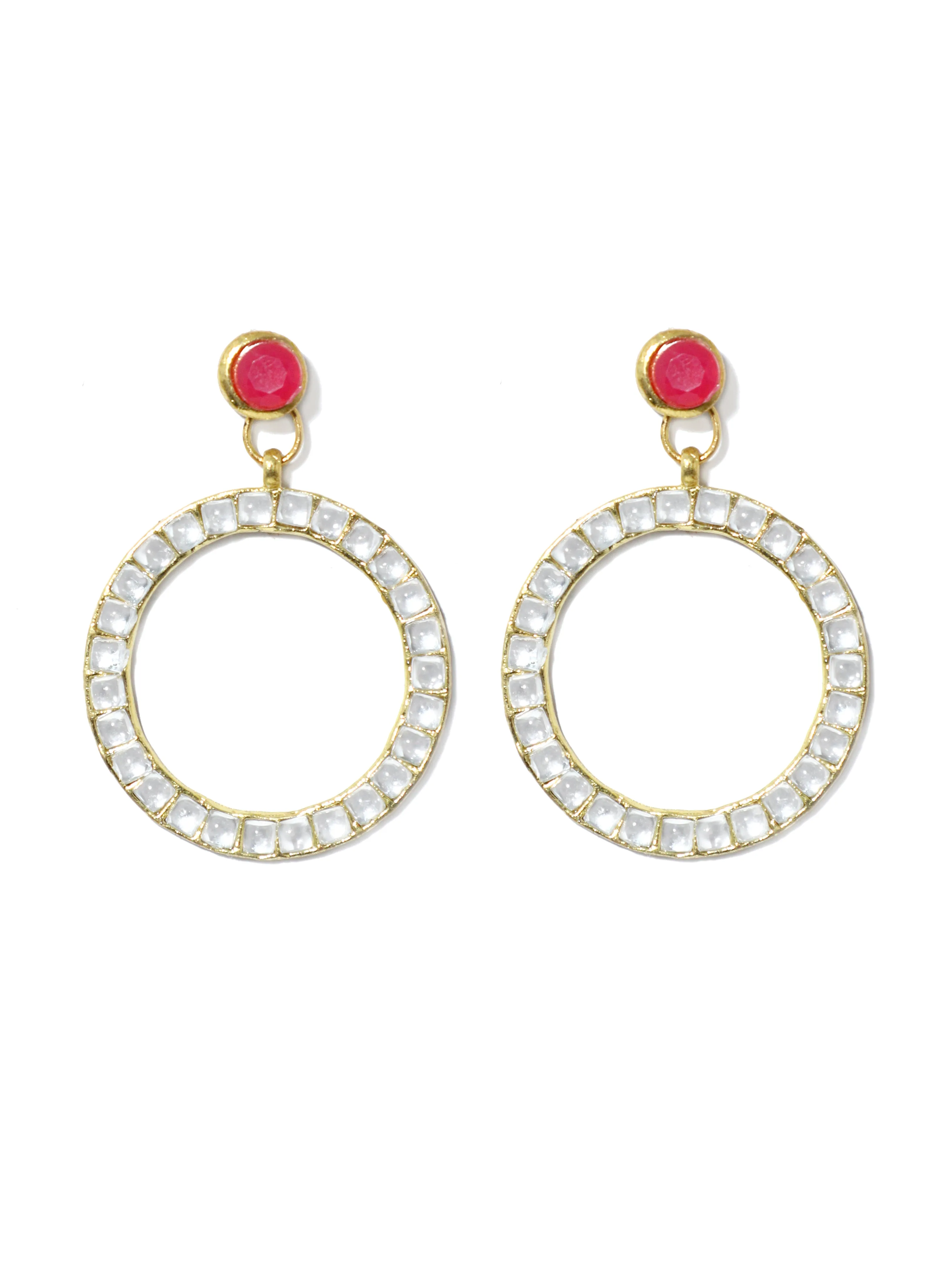 Kundan Hoop Earrings with Fuchsia Stone