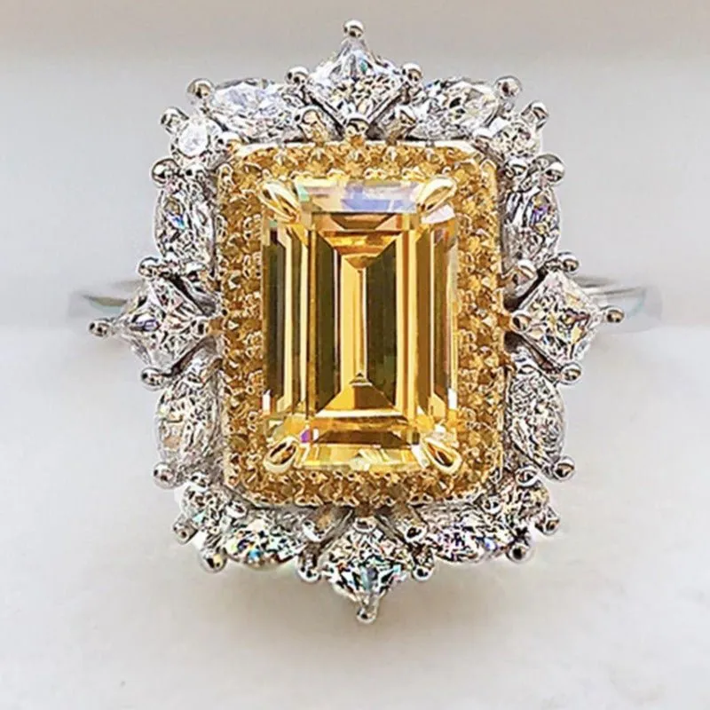 Luxury Citrine Gemstone Ring Engagement 925 Silver Women Jewelry