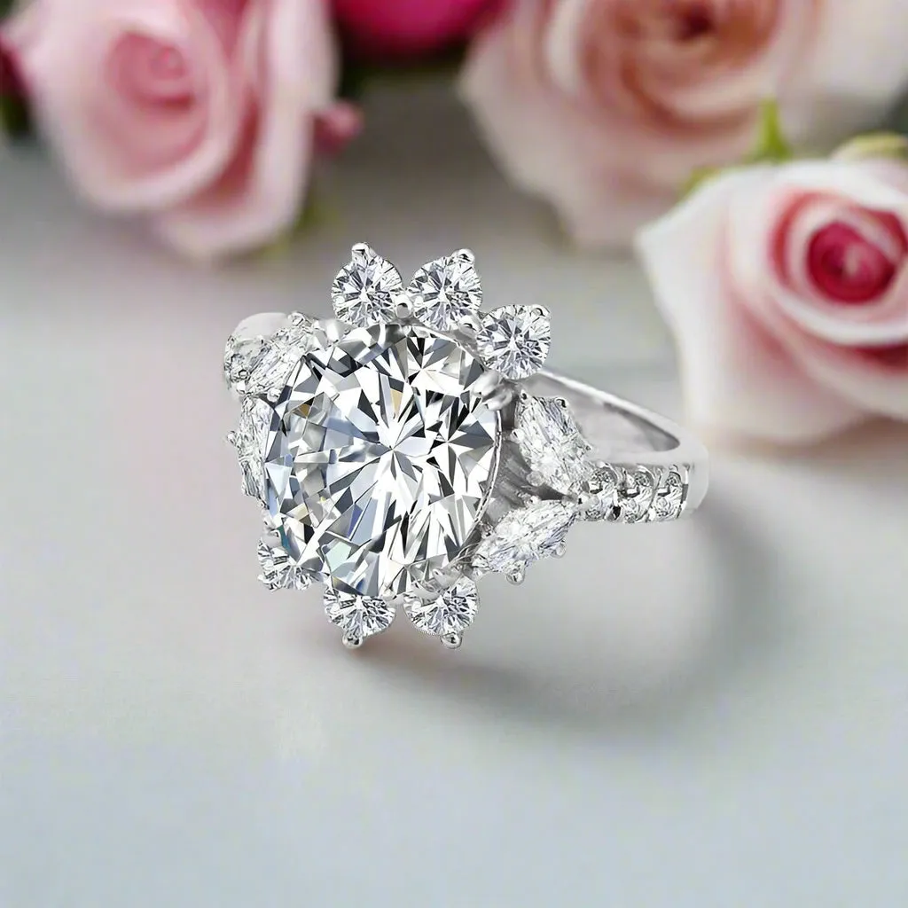 Luxury Flower Oval-Cut Diamond Engagement Halo Ring