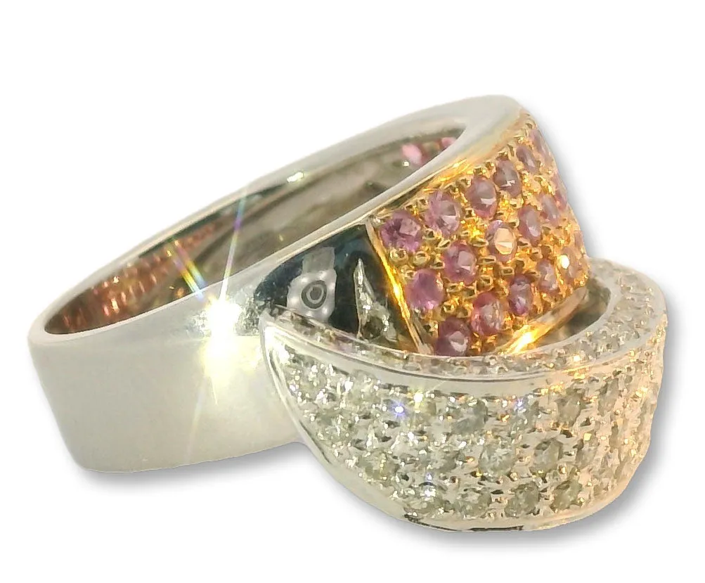Magnificent Estate 18K White Gold Pink Sapphire Pave Diamond Swirl Band Ring