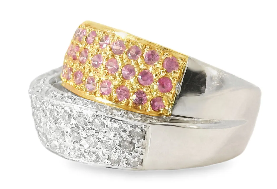Magnificent Estate 18K White Gold Pink Sapphire Pave Diamond Swirl Band Ring