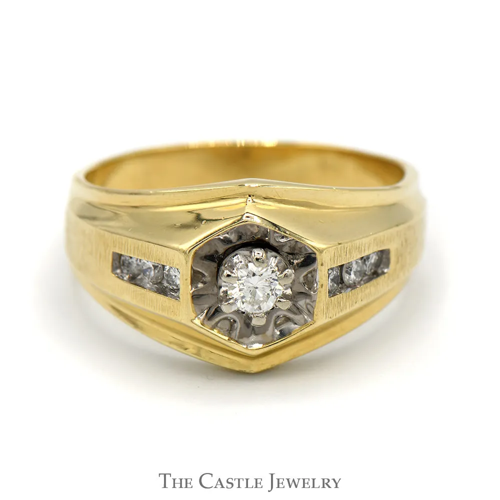 Men's Diamond Ring in Hexagonal Setting with Diamond Accents in 14k Yellow Gold