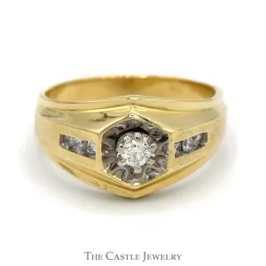 Men's Diamond Ring in Hexagonal Setting with Diamond Accents in 14k Yellow Gold
