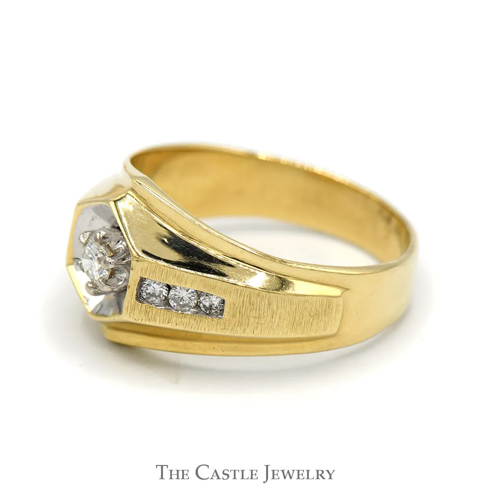 Men's Diamond Ring in Hexagonal Setting with Diamond Accents in 14k Yellow Gold