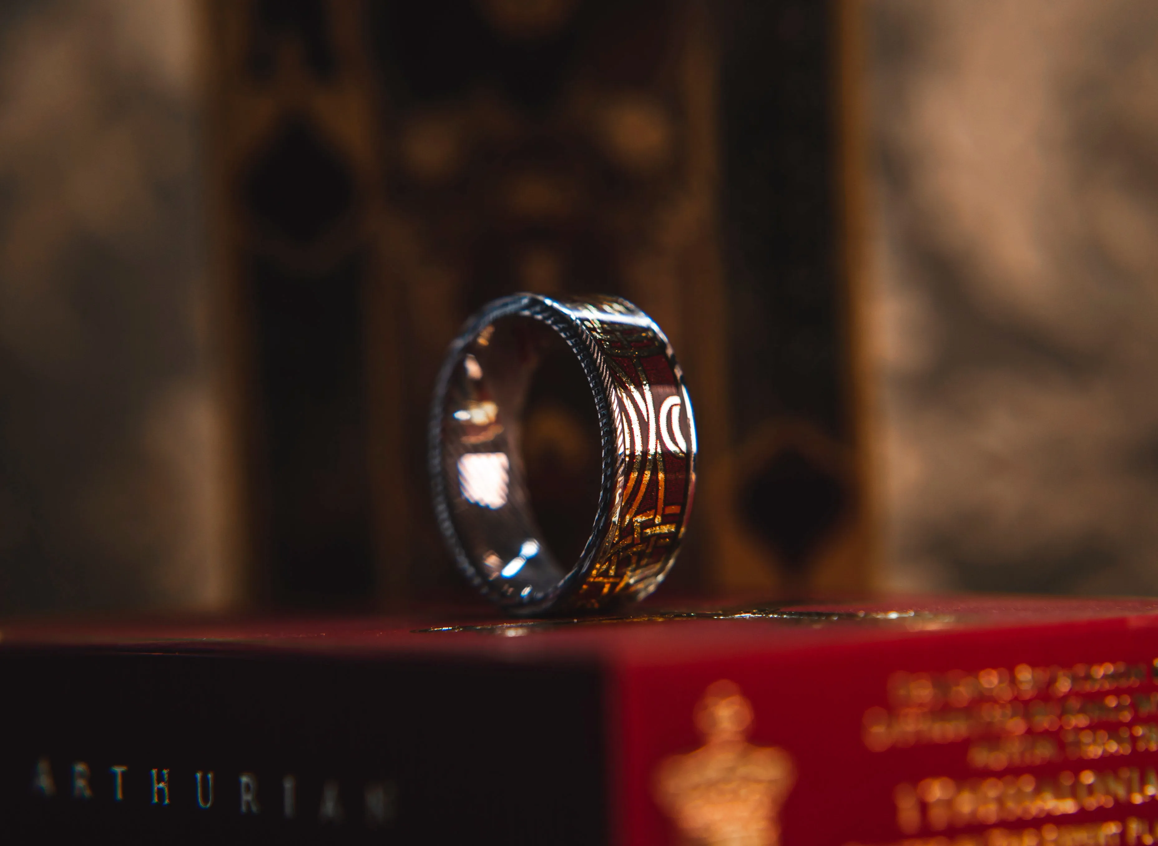 Mens Wedding band in Damascus Steel and Arthurian Card Deck by KingsWildProject luxury playing cards.