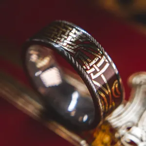 Mens Wedding band in Damascus Steel and Arthurian Card Deck by KingsWildProject luxury playing cards.