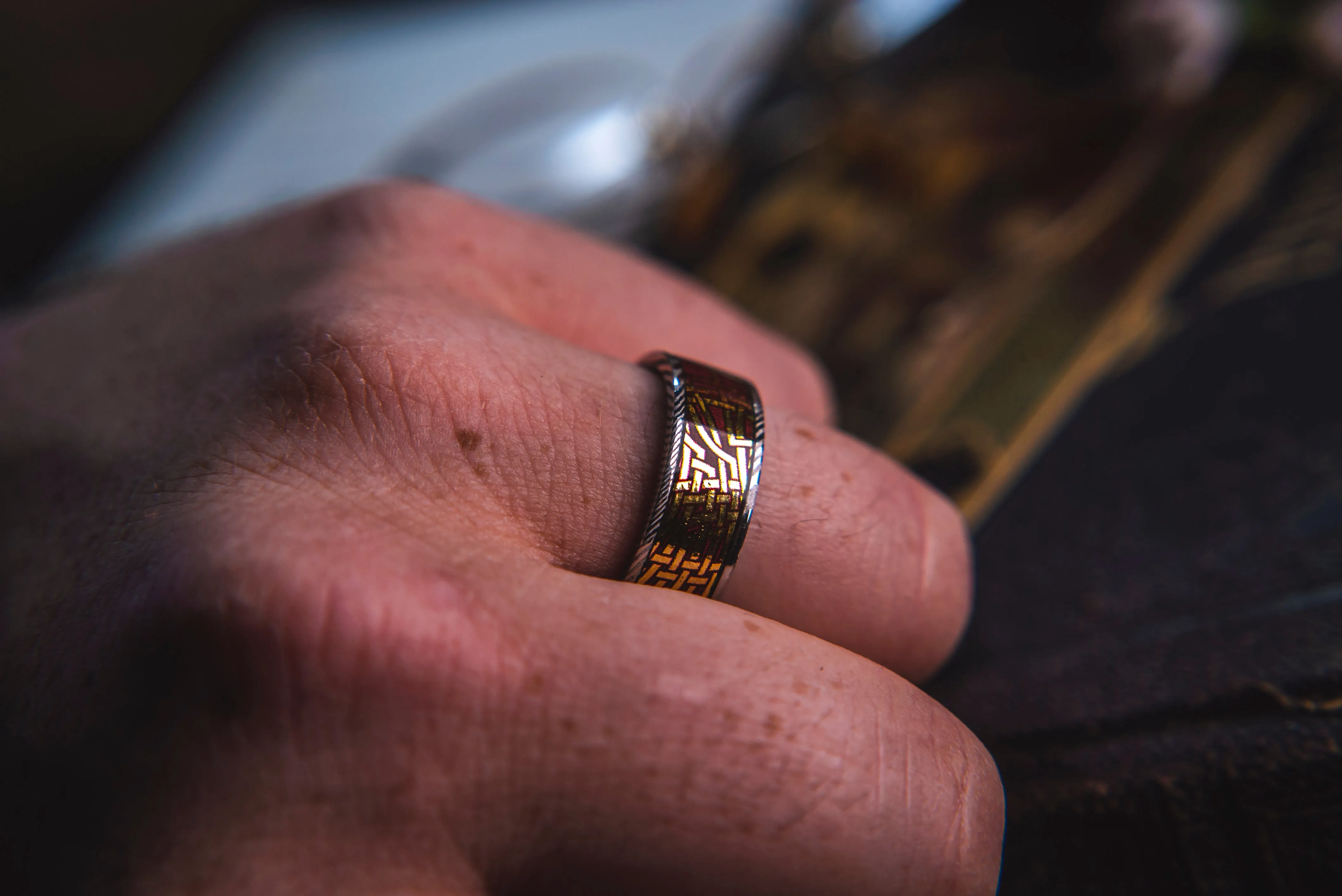 Mens Wedding band in Damascus Steel and Arthurian Card Deck by KingsWildProject luxury playing cards.