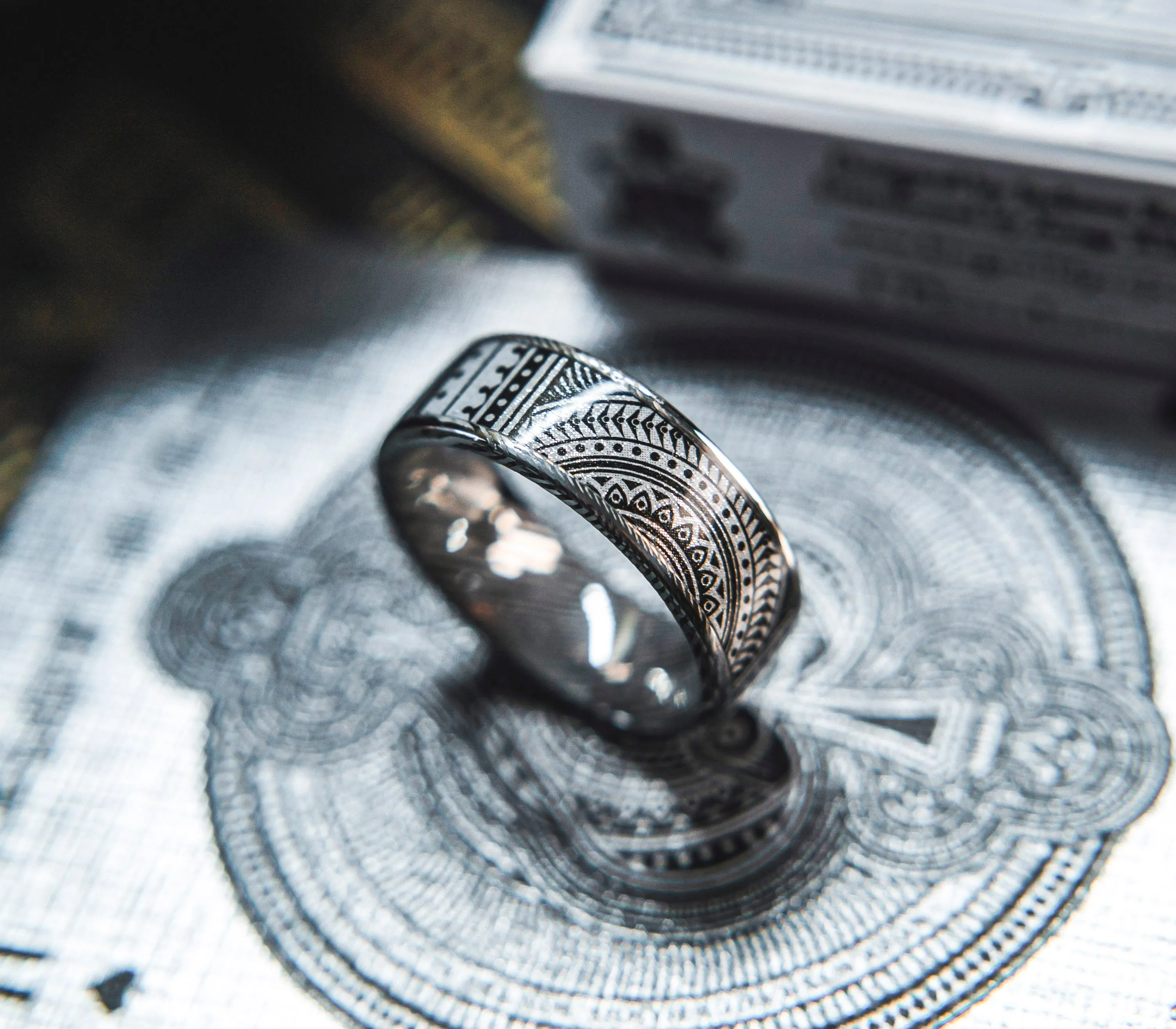 Mens Wedding band in Damascus Steel and Platinum Invocation Card Deck by KingsWildProject luxury playing cards.