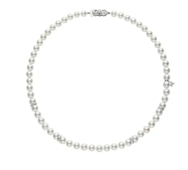 Mikimoto 18K White Gold 7mm Akoya Pearl 18" Strand With Diamond Roundels