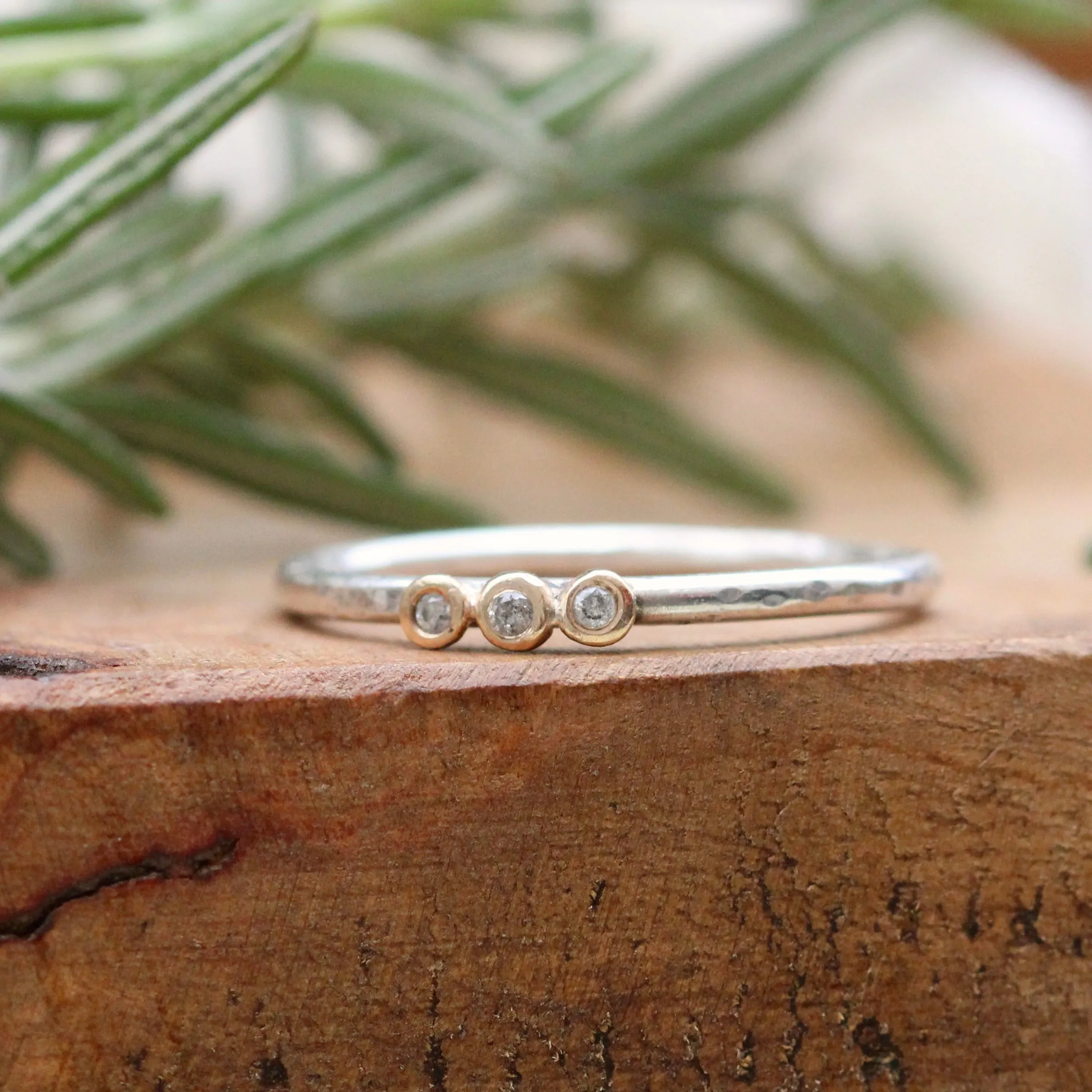 Mixed metal three Diamond and 14k gold sterling silver stacking ring