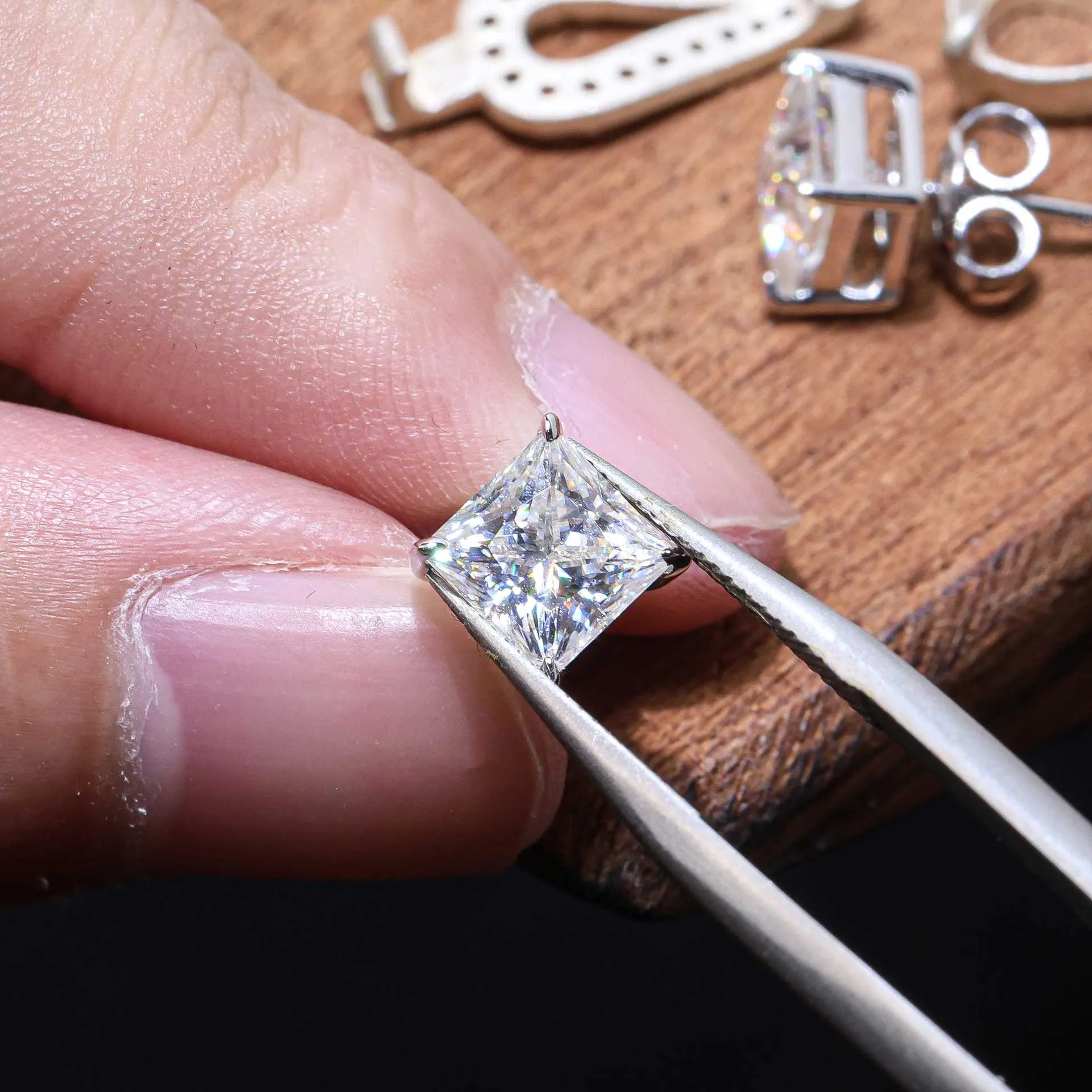Moissanite Diamond Princess Cut Sterling Silver Earrings in White/Yellow Gold
