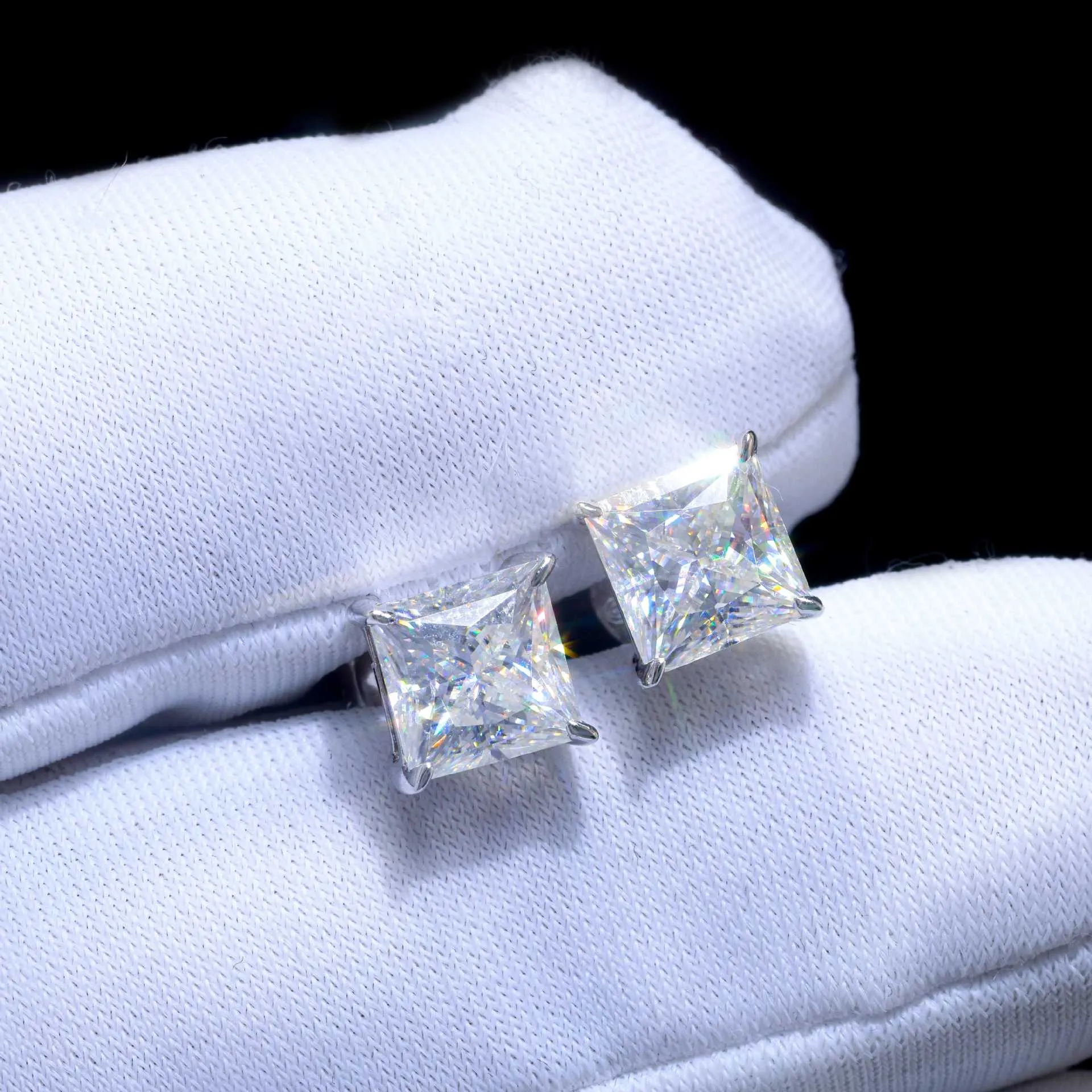 Moissanite Diamond Princess Cut Sterling Silver Earrings in White/Yellow Gold