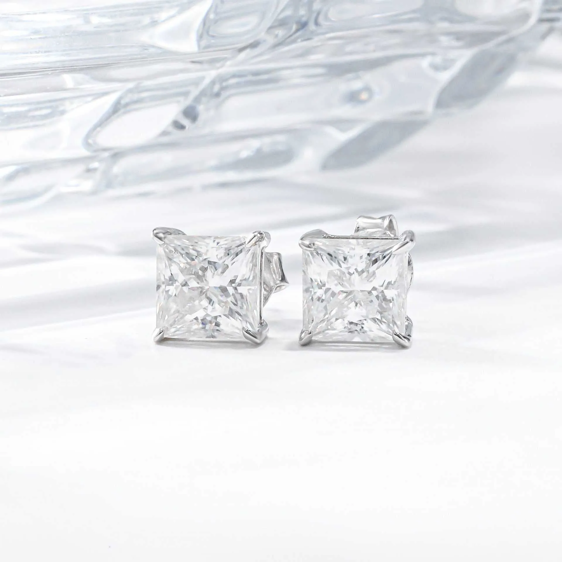 Moissanite Diamond Princess Cut Sterling Silver Earrings in White/Yellow Gold
