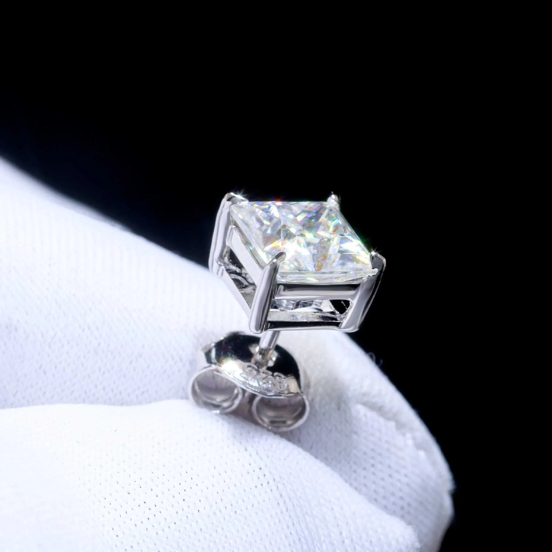 Moissanite Diamond Princess Cut Sterling Silver Earrings in White/Yellow Gold
