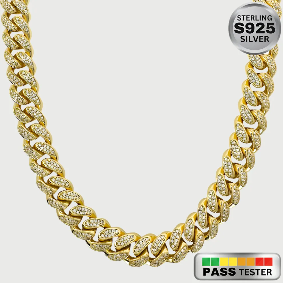 Moissanite Diamond Sterling Silver Cuban Link Chain in White/Yellow Gold