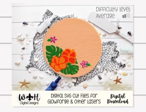 Monstera Hibiscus Plumeria Door Round - Summer Floral Sign Making and DIY Kits - Single Line Cut File For Glowforge Laser - Digital SVG File