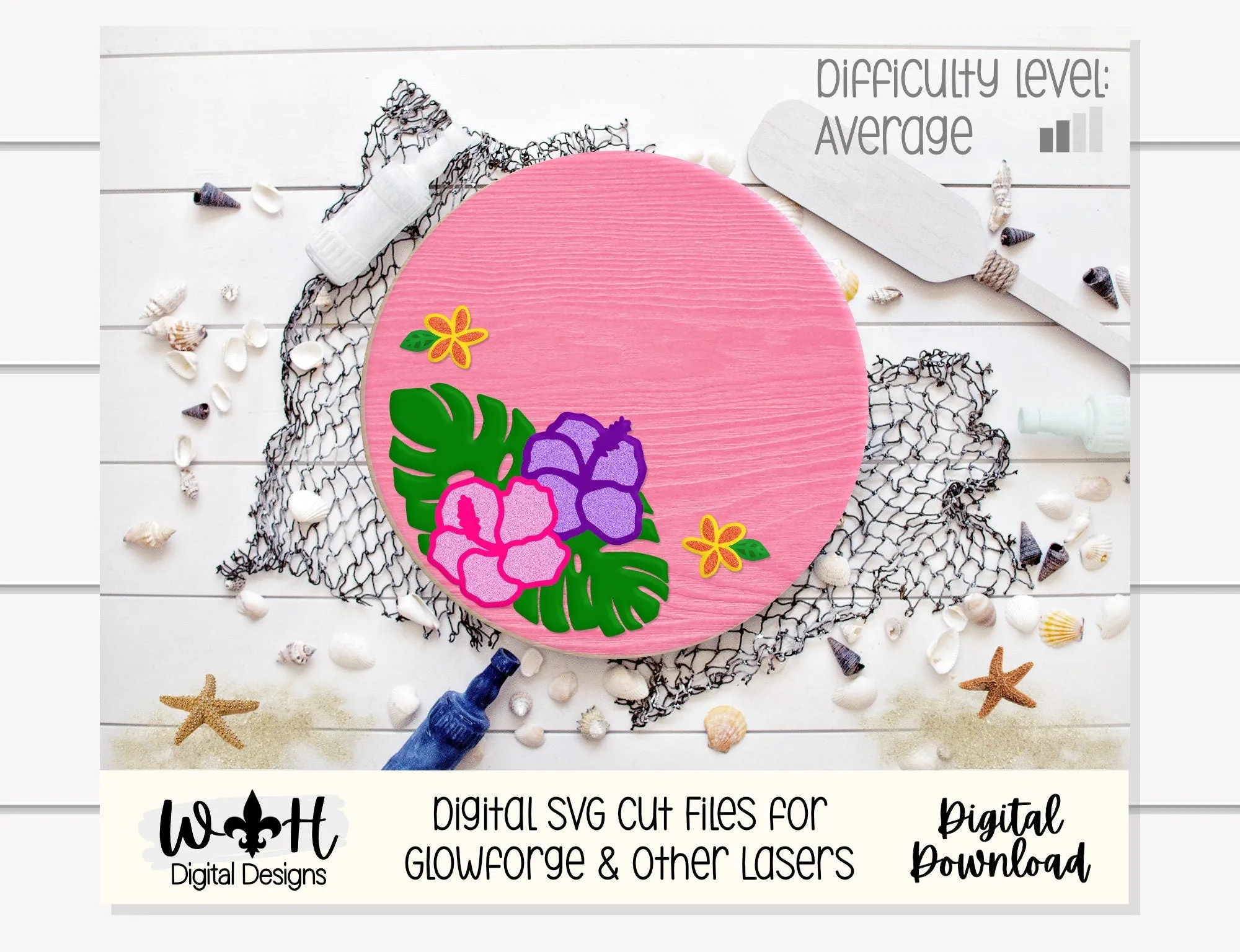 Monstera Hibiscus Plumeria Door Round - Summer Floral Sign Making and DIY Kits - Single Line Cut File For Glowforge Laser - Digital SVG File