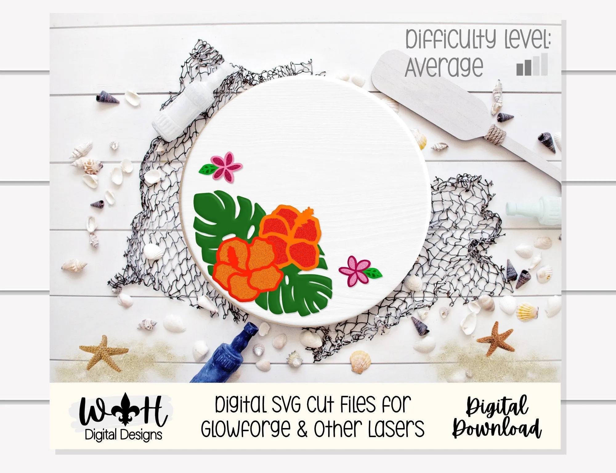 Monstera Hibiscus Plumeria Door Round - Summer Floral Sign Making and DIY Kits - Single Line Cut File For Glowforge Laser - Digital SVG File