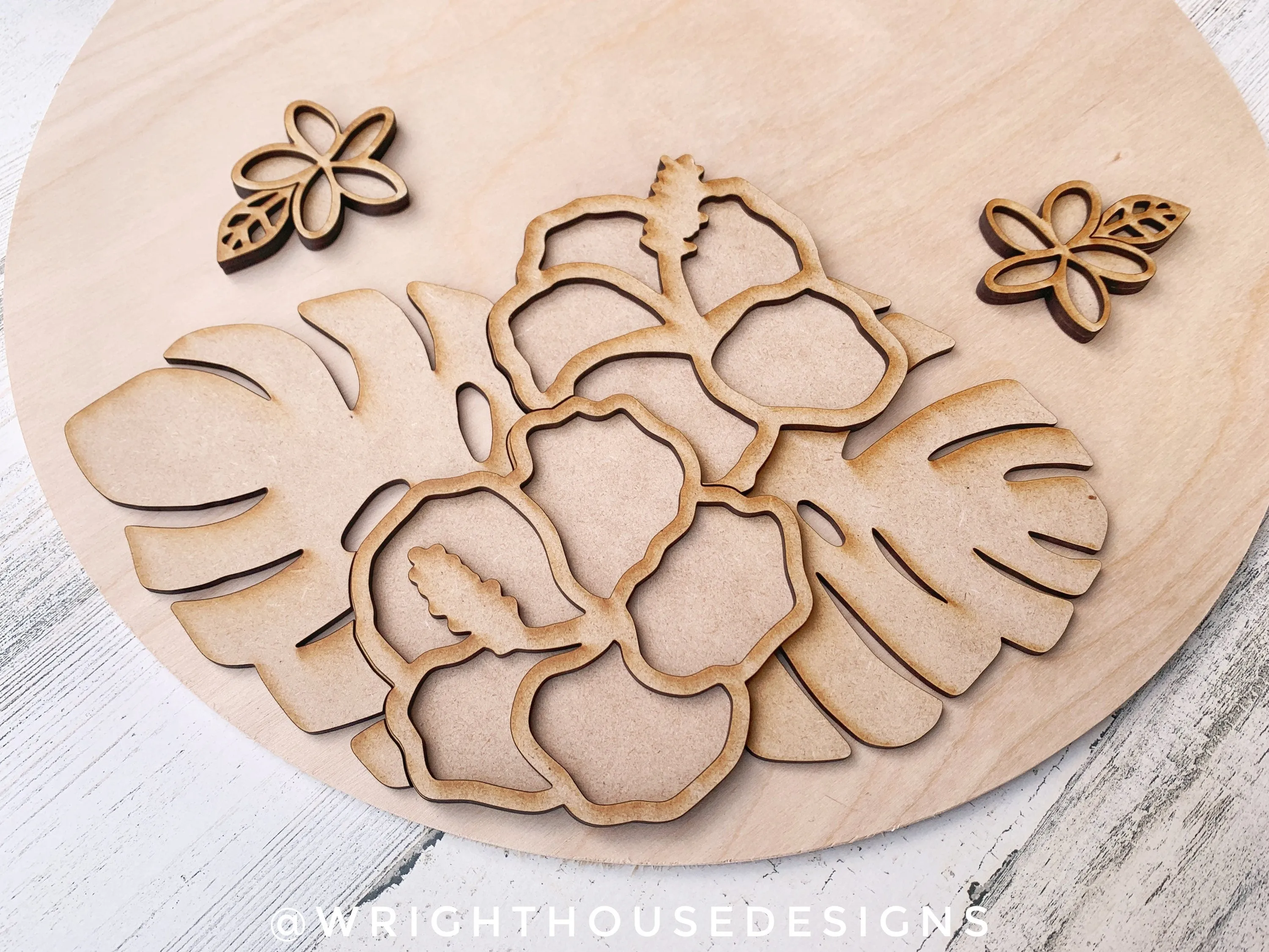 Monstera Hibiscus Plumeria Door Round - Summer Floral Sign Making and DIY Kits - Single Line Cut File For Glowforge Laser - Digital SVG File