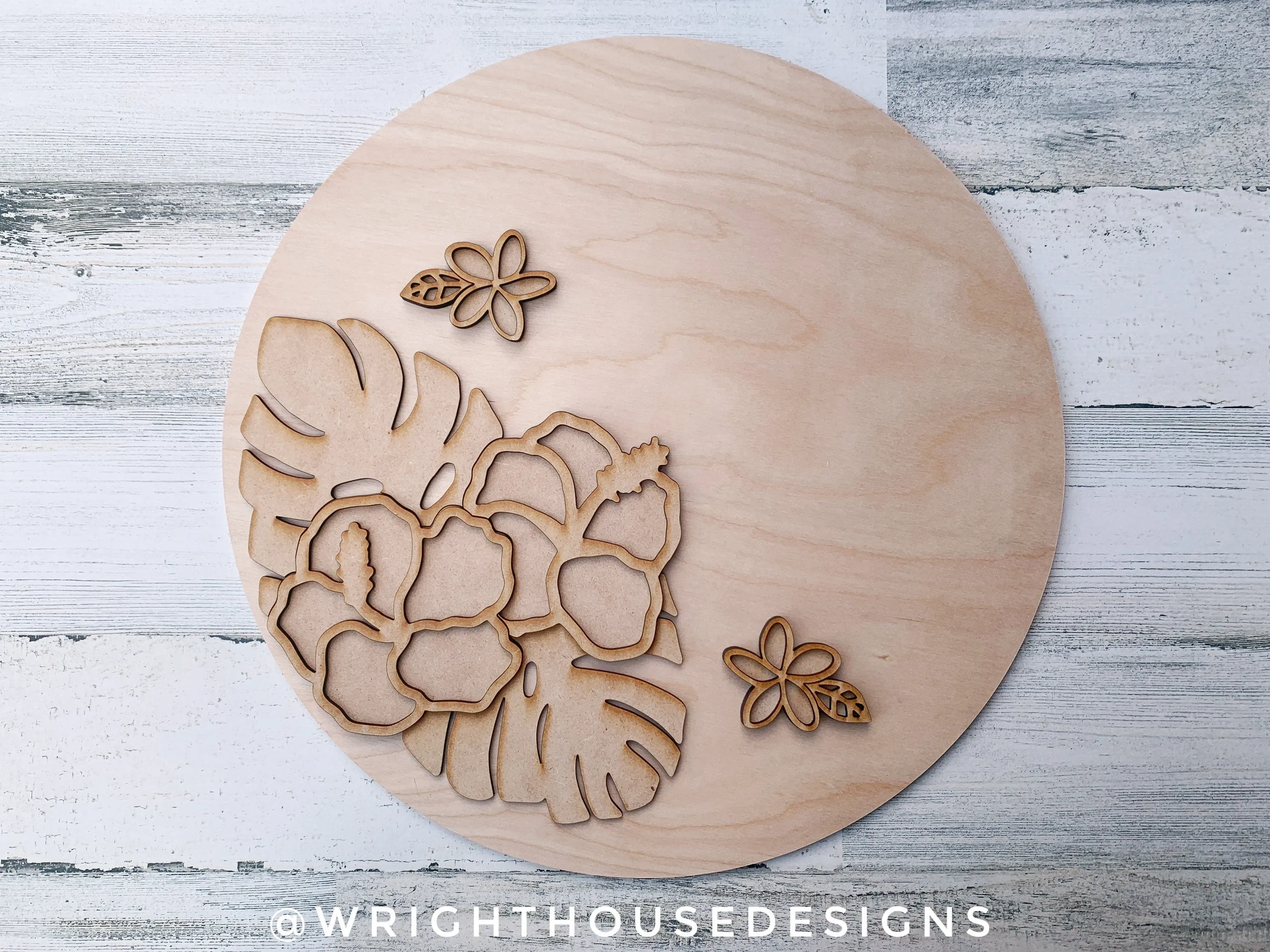 Monstera Hibiscus Plumeria Door Round - Summer Floral Sign Making and DIY Kits - Single Line Cut File For Glowforge Laser - Digital SVG File