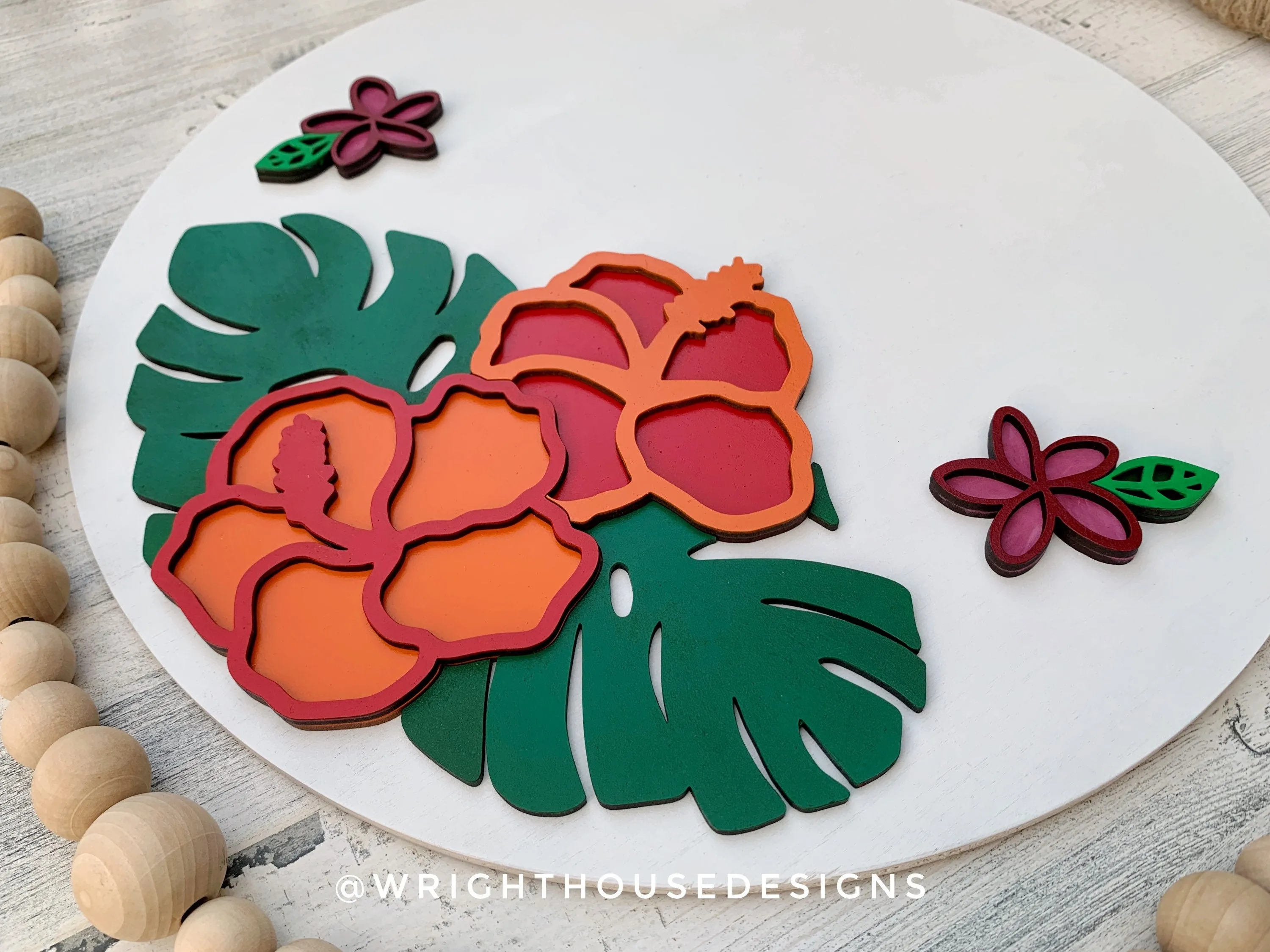 Monstera Hibiscus Plumeria Door Round - Summer Floral Sign Making and DIY Kits - Single Line Cut File For Glowforge Laser - Digital SVG File