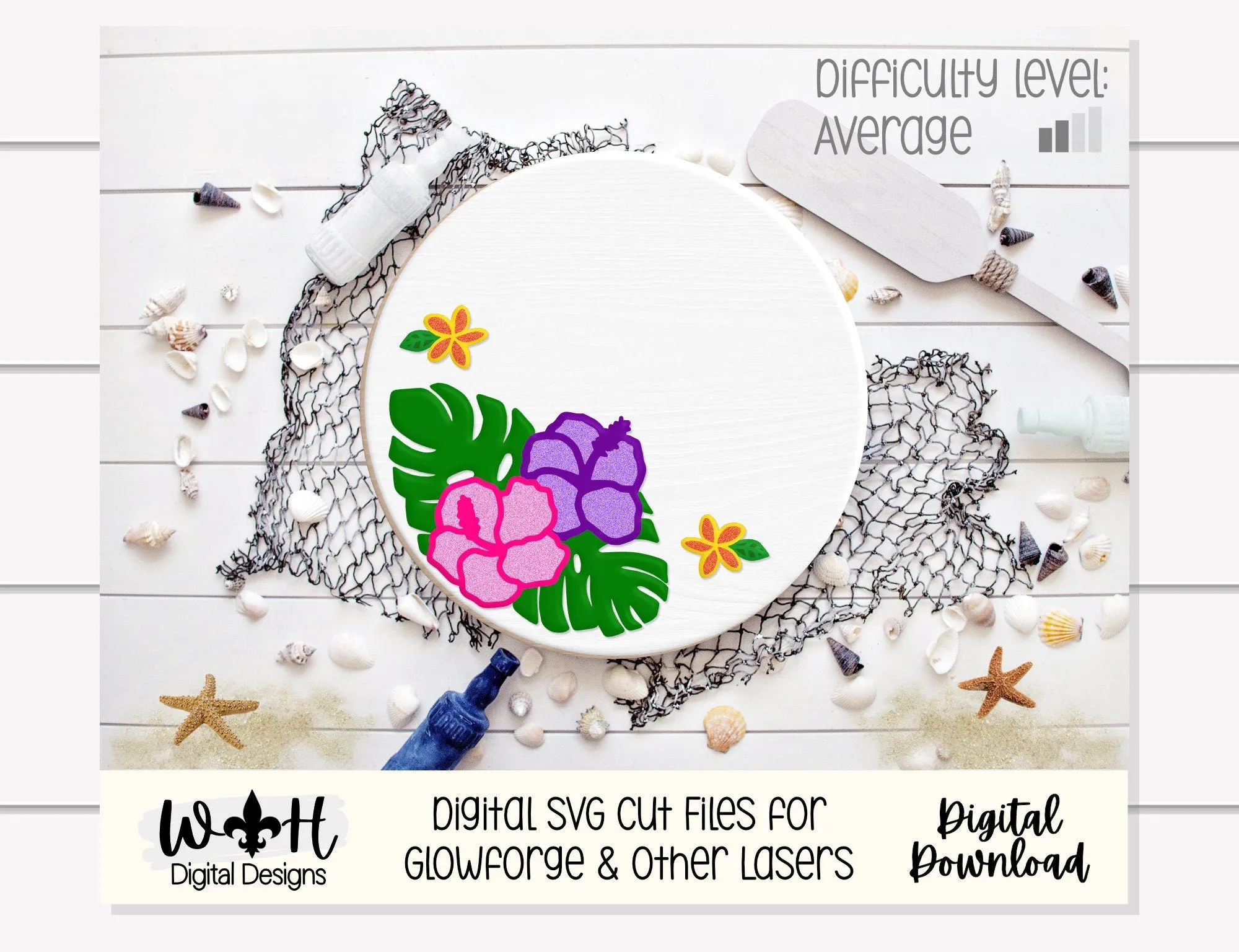 Monstera Hibiscus Plumeria Door Round - Summer Floral Sign Making and DIY Kits - Single Line Cut File For Glowforge Laser - Digital SVG File