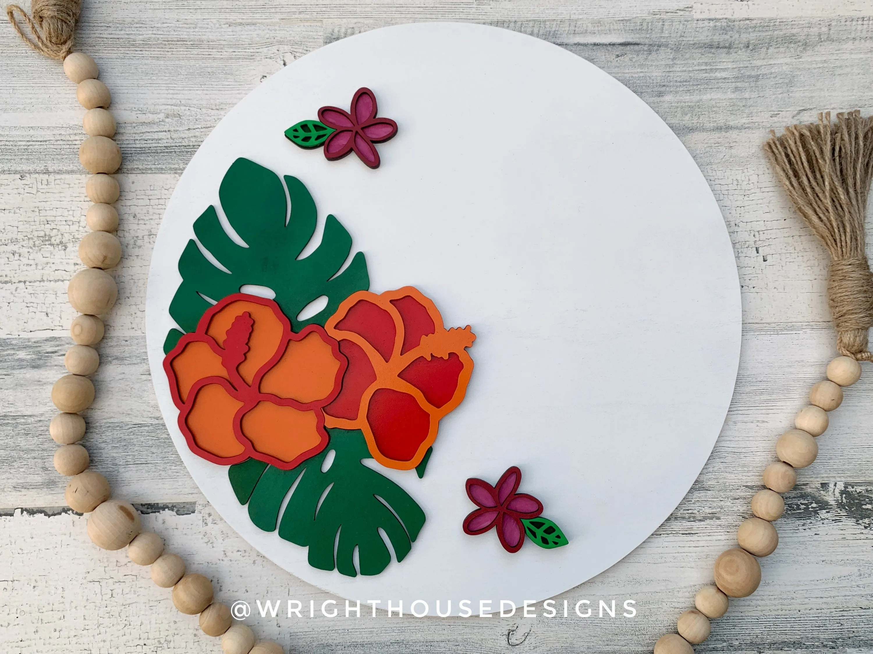 Monstera Hibiscus Plumeria Door Round - Summer Floral Sign Making and DIY Kits - Single Line Cut File For Glowforge Laser - Digital SVG File